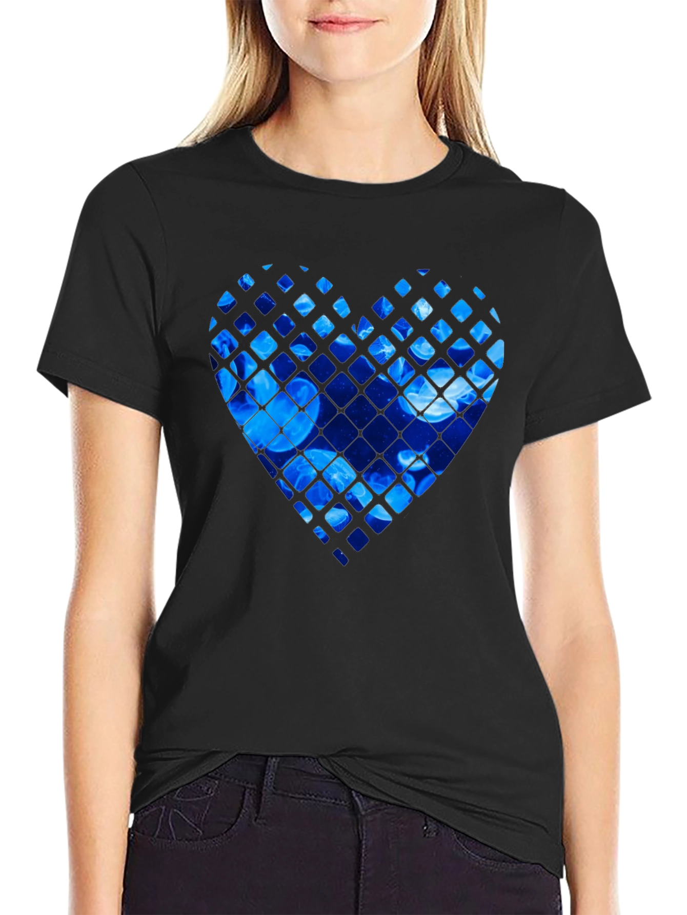 Blue Jellyfish Heart Graphic Black T-Shirt