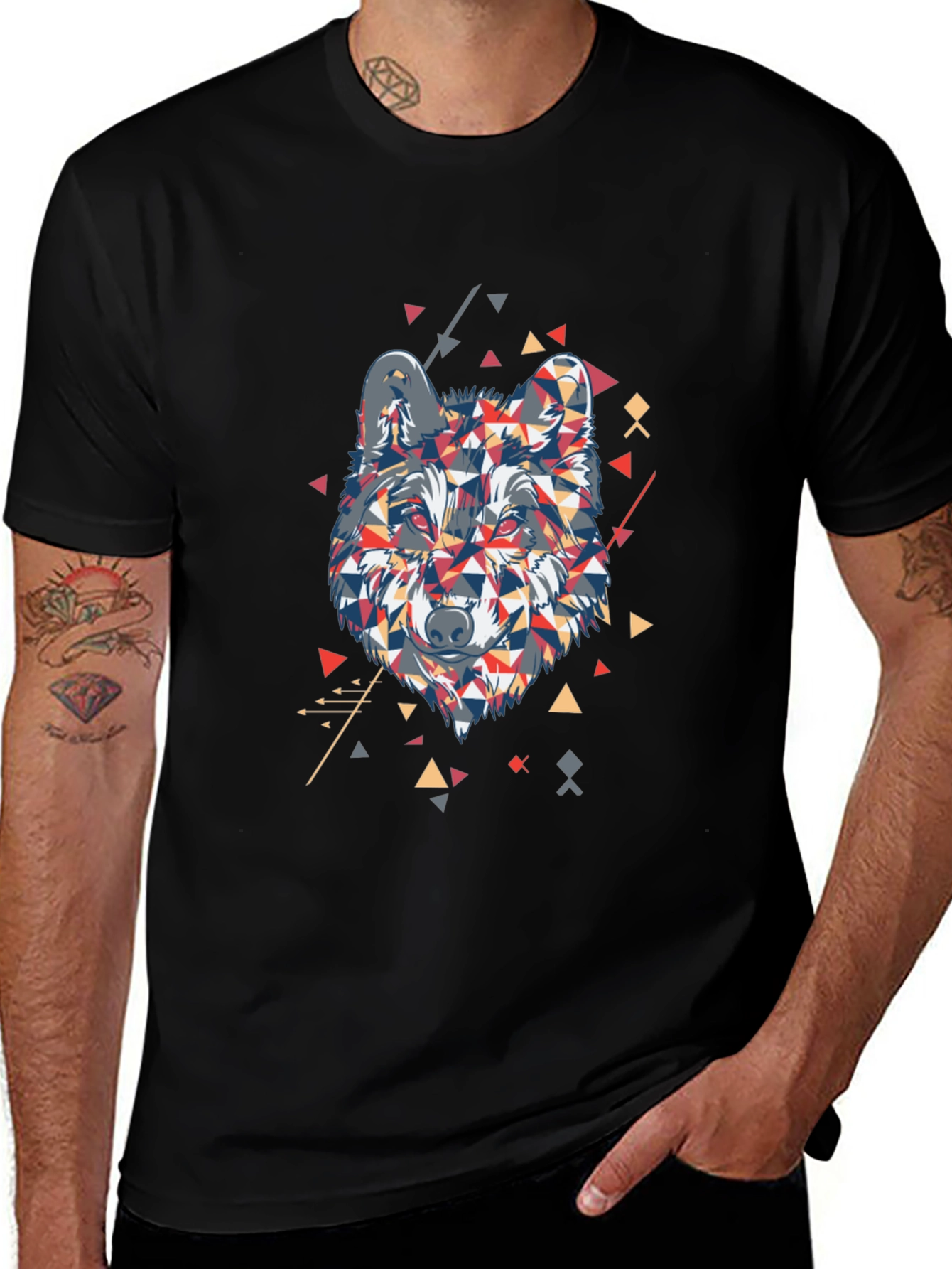 Geometric Wolf Graphic Print Mens Black T-Shirt