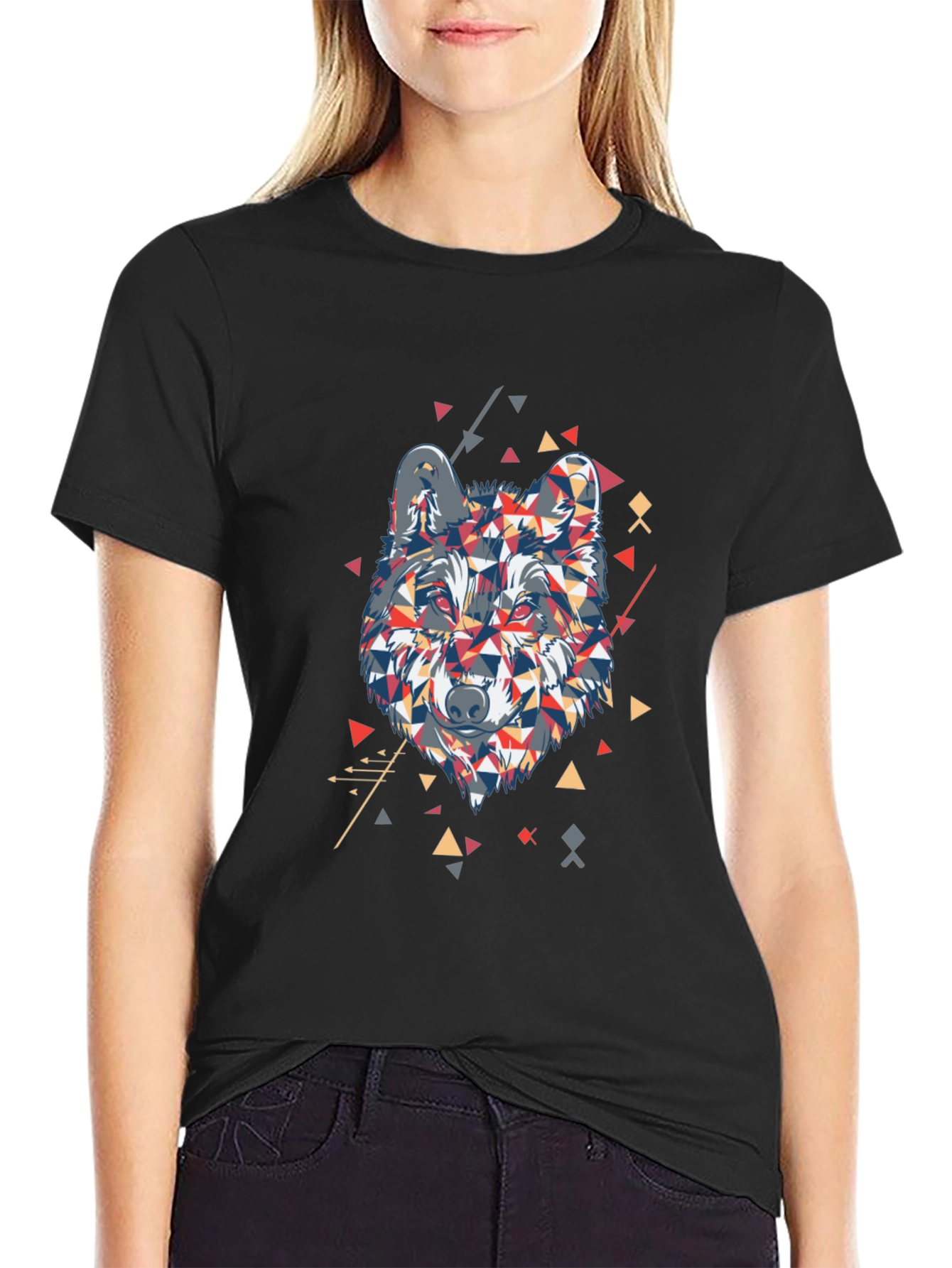 Geometric Wolf Graphic Print Mens Black T-Shirt