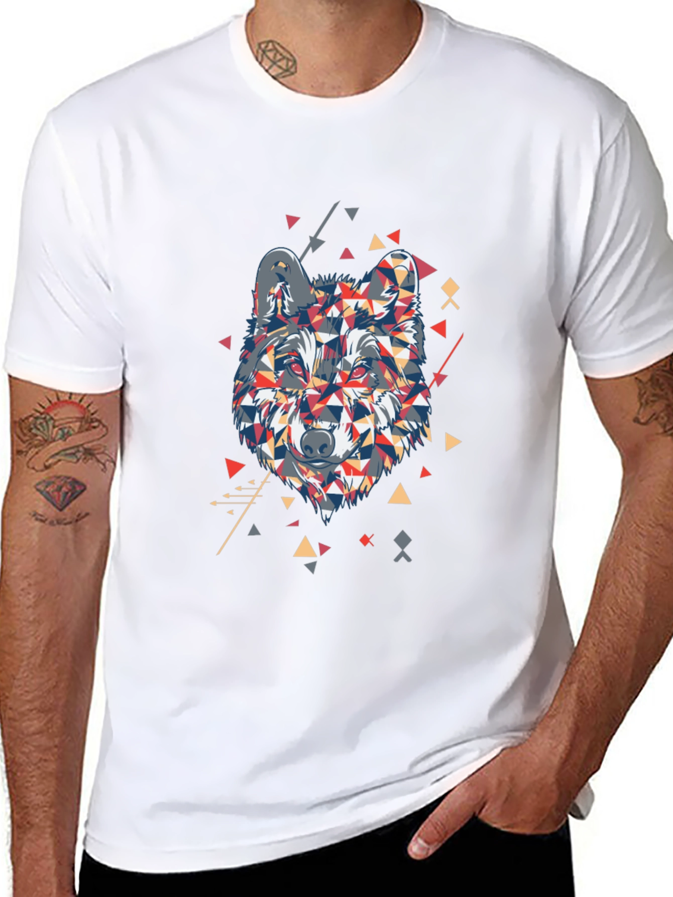 Geometric Wolf Graphic Print Mens Black T-Shirt