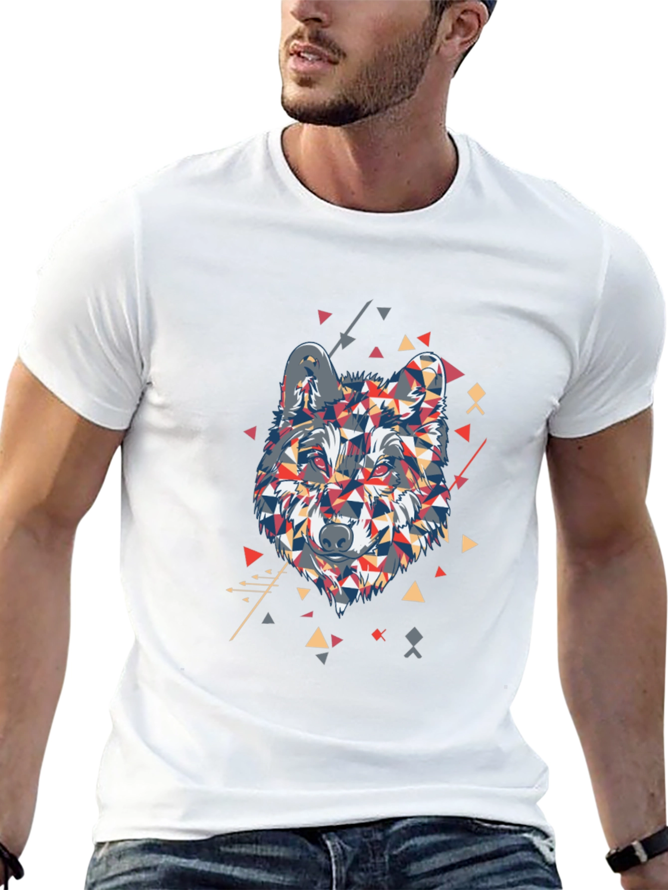Geometric Wolf Graphic Print Mens Black T-Shirt