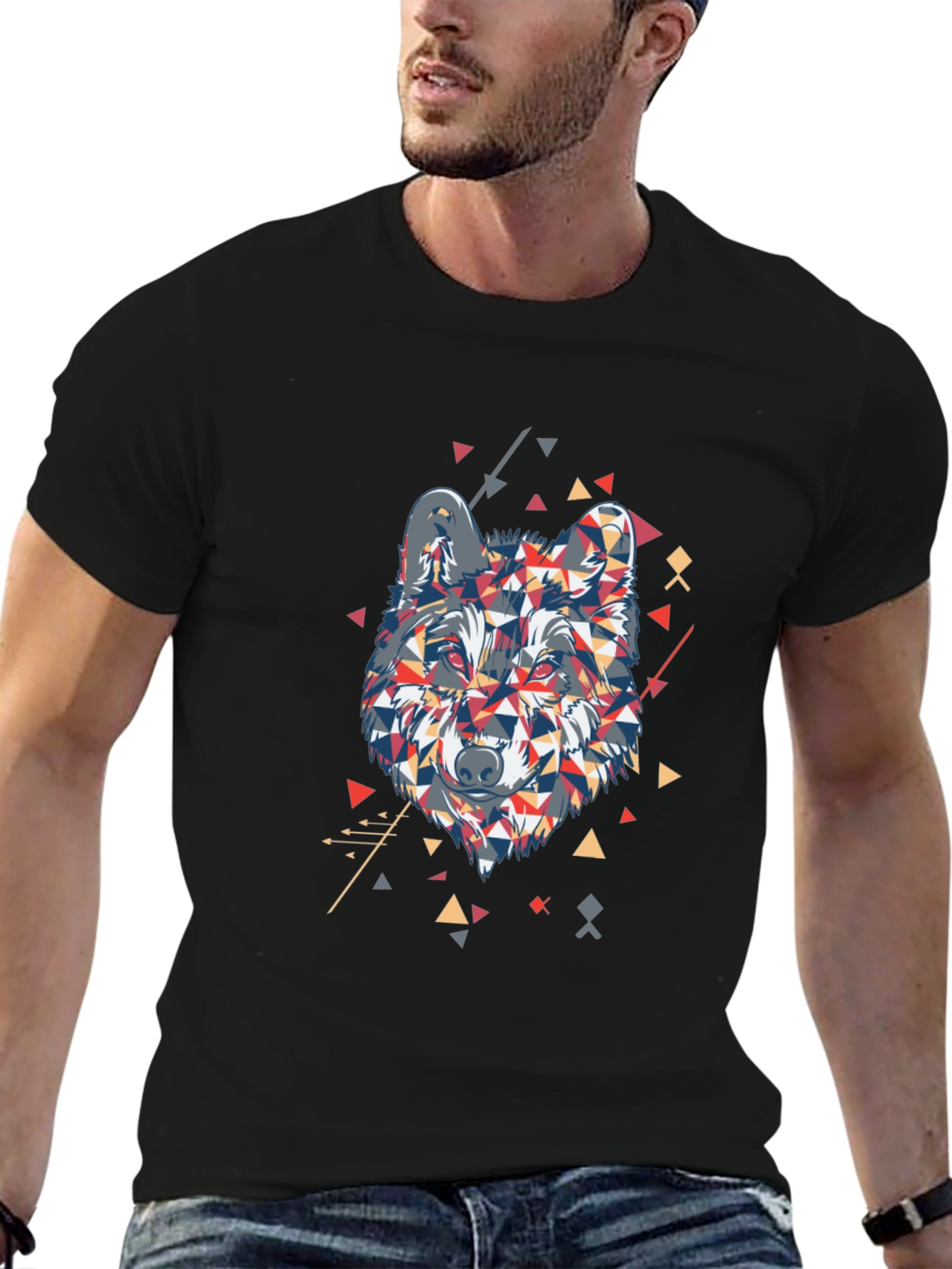 Geometric Wolf Graphic Print Mens Black T-Shirt