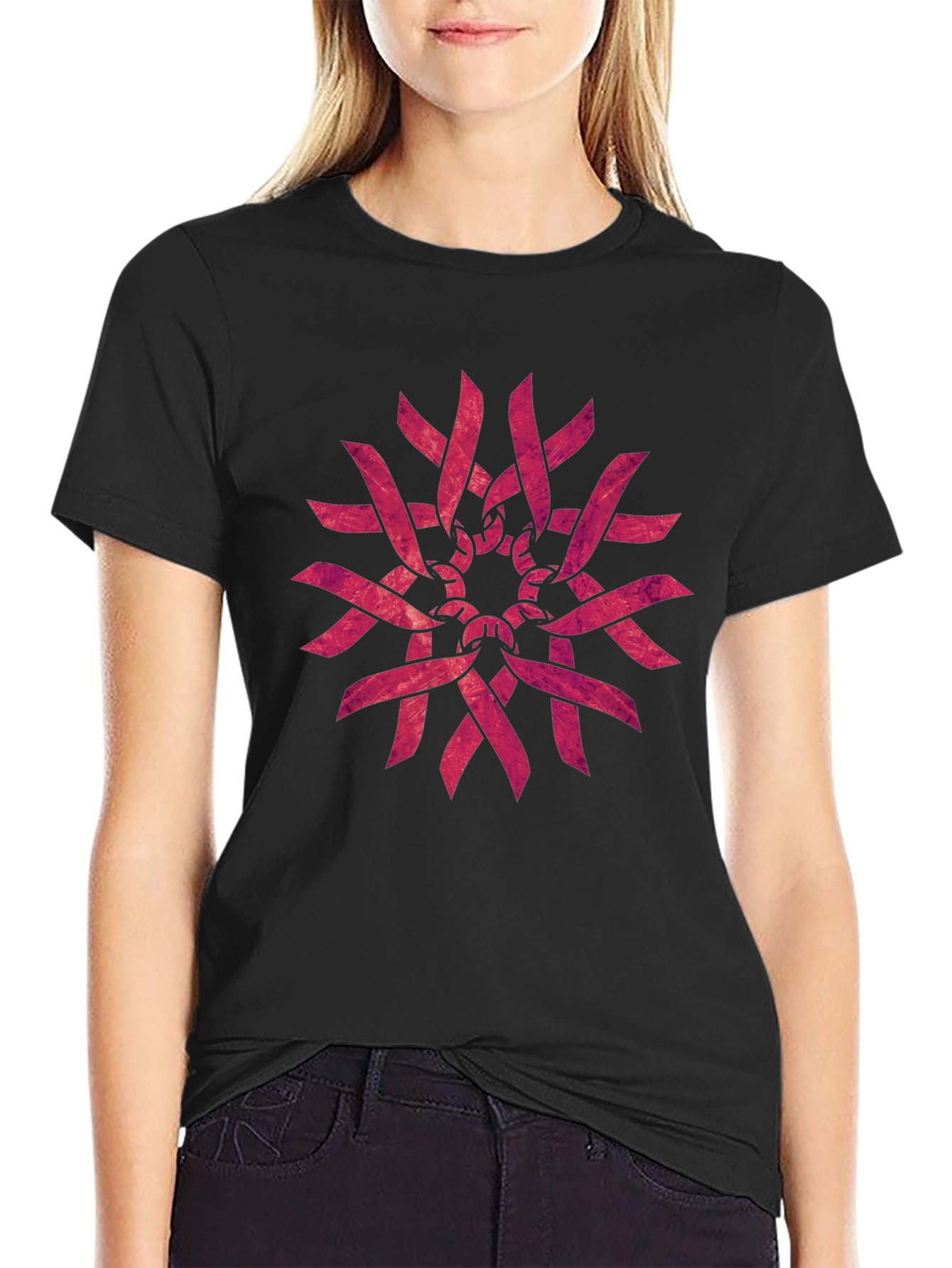 Geometric Ribbon Pattern Black T-Shirt