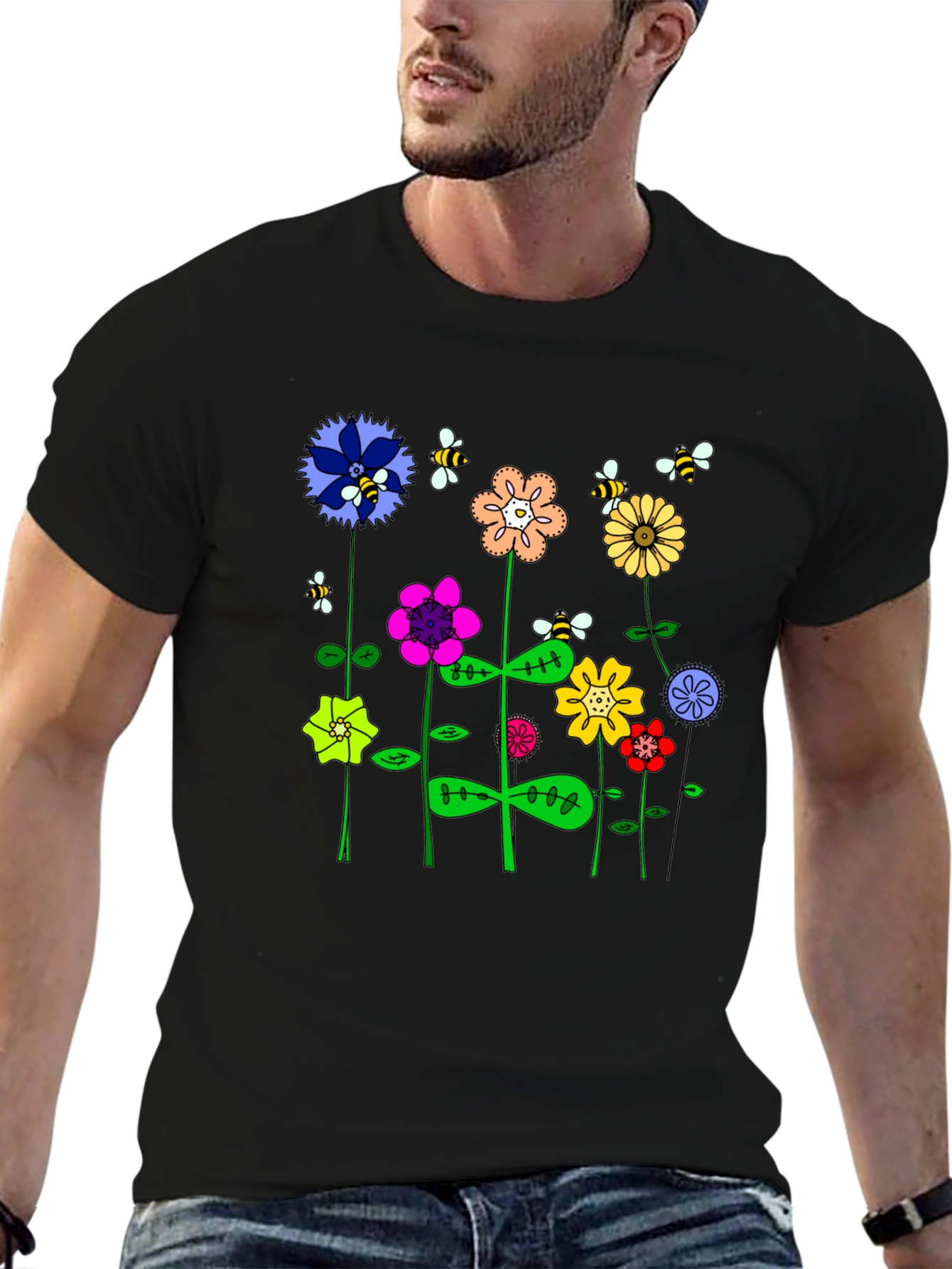 Whimsical Floral & Bee Print Mens Black T-Shirt