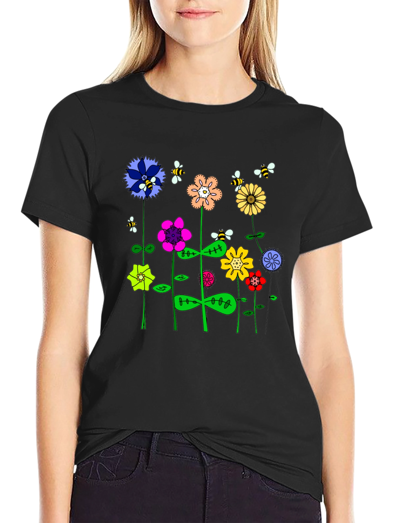 Whimsical Floral & Bee Print Mens Black T-Shirt