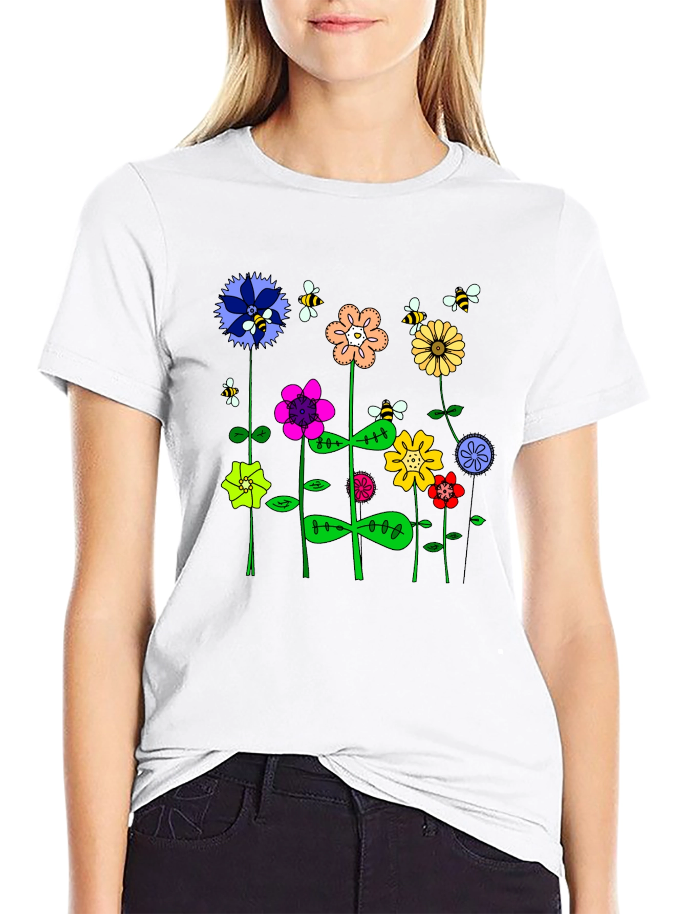 Whimsical Floral & Bee Print Mens Black T-Shirt