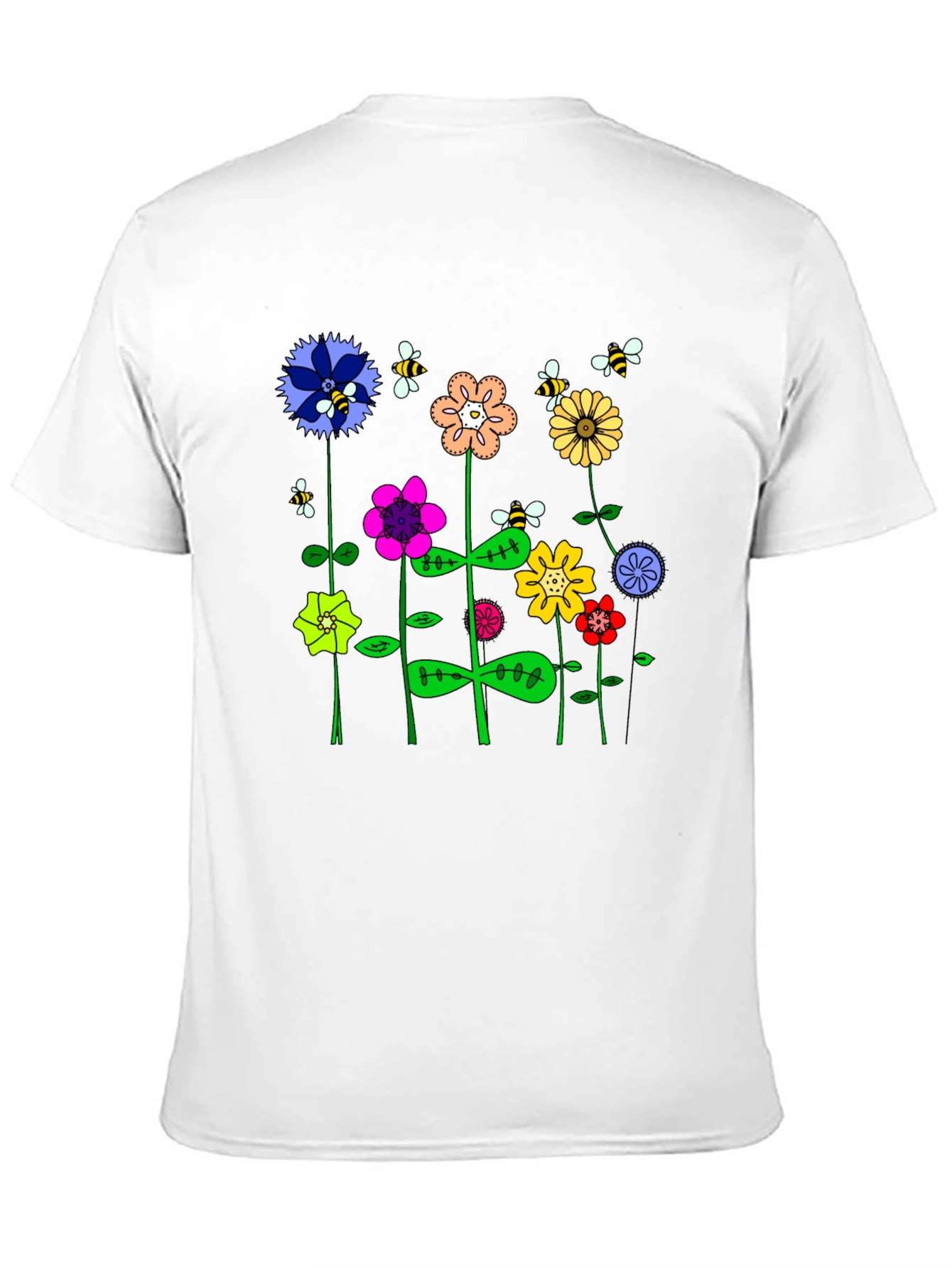 Whimsical Floral & Bee Print Mens Black T-Shirt