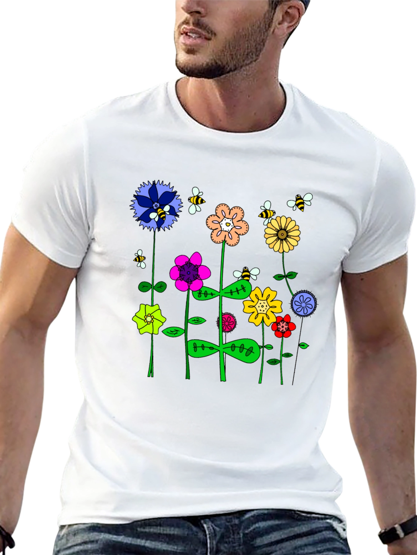 Whimsical Floral & Bee Print Mens Black T-Shirt