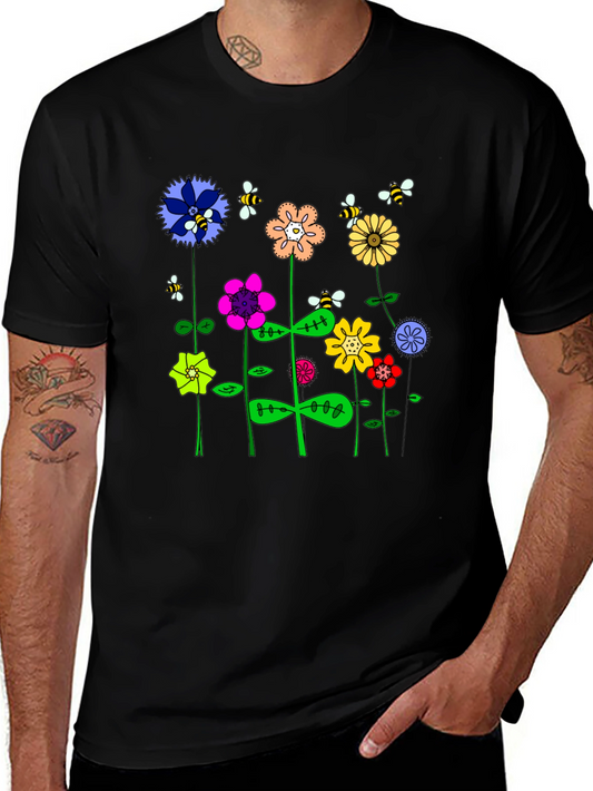 Whimsical Floral & Bee Print Mens Black T-Shirt