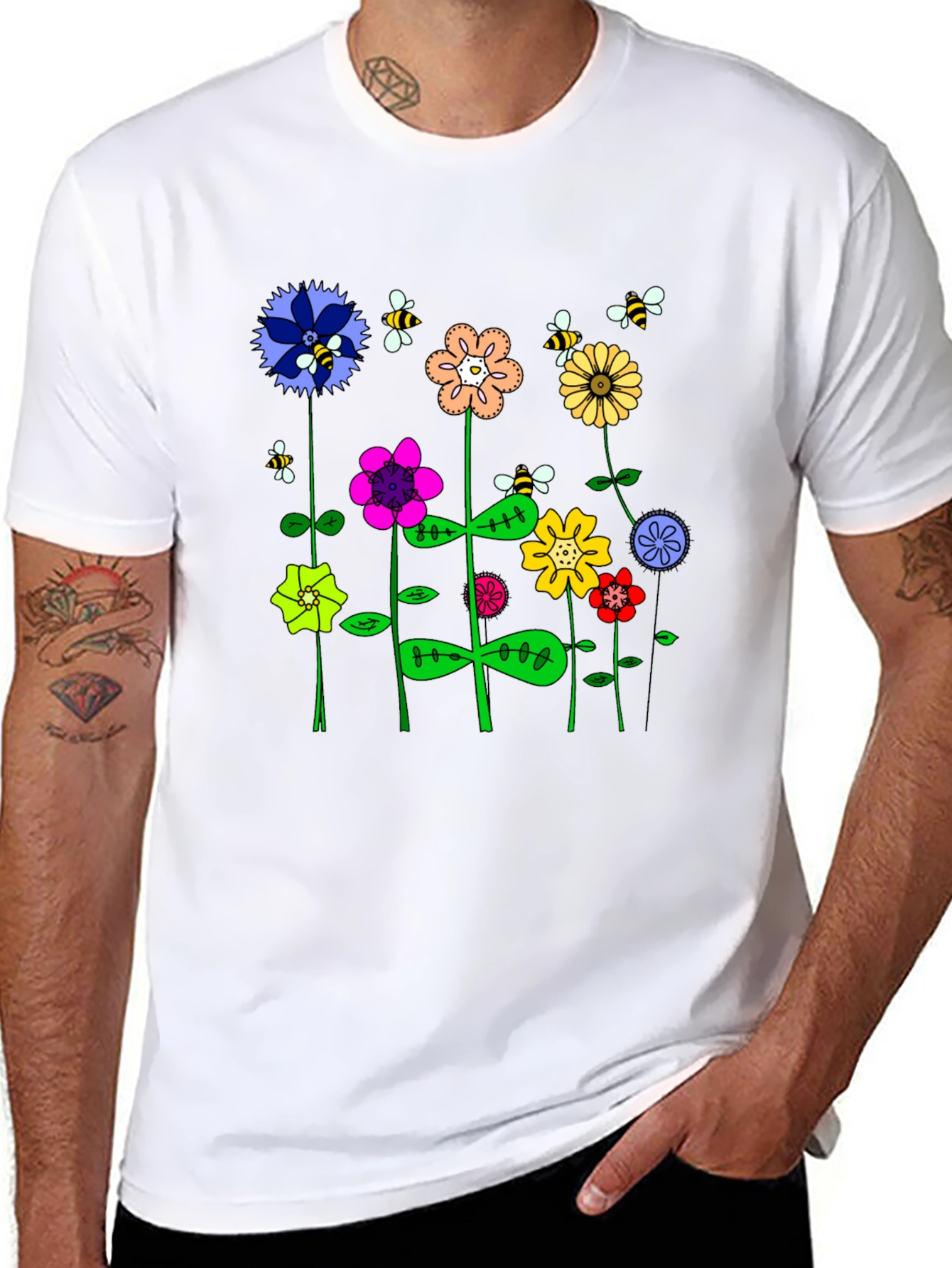 Whimsical Floral & Bee Print Mens Black T-Shirt