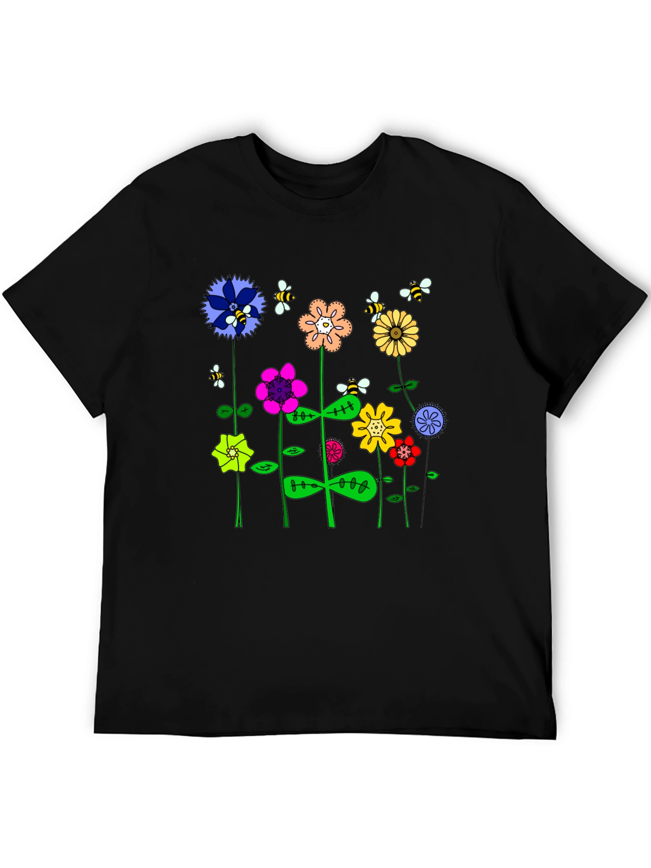 Whimsical Floral & Bee Print Mens Black T-Shirt