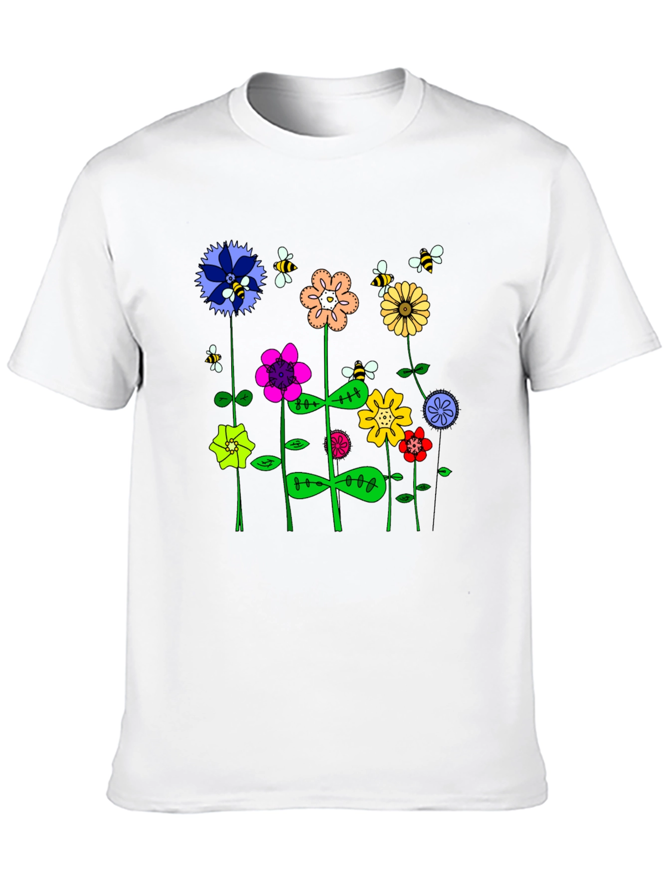 Whimsical Floral & Bee Print Mens Black T-Shirt