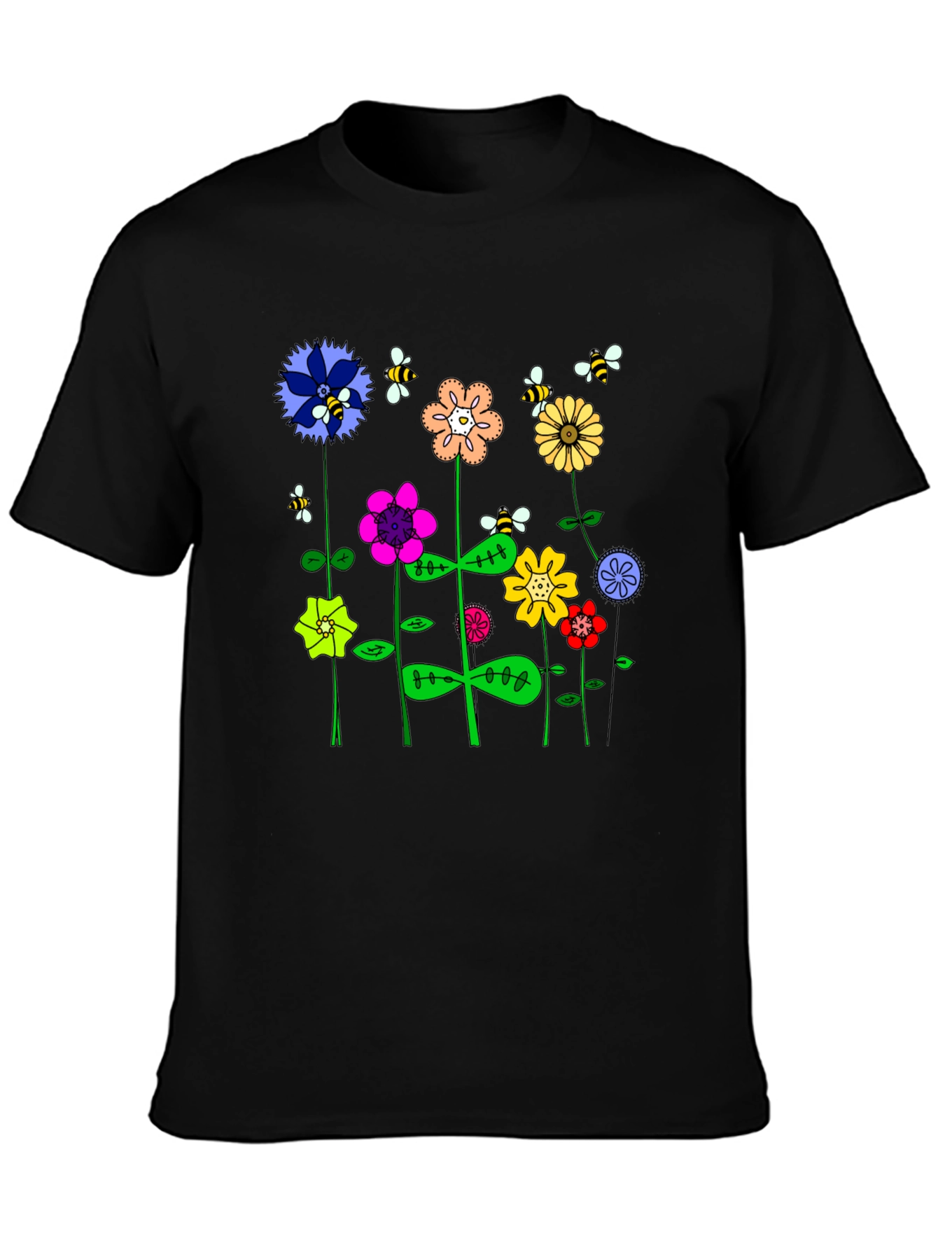 Whimsical Floral & Bee Print Mens Black T-Shirt