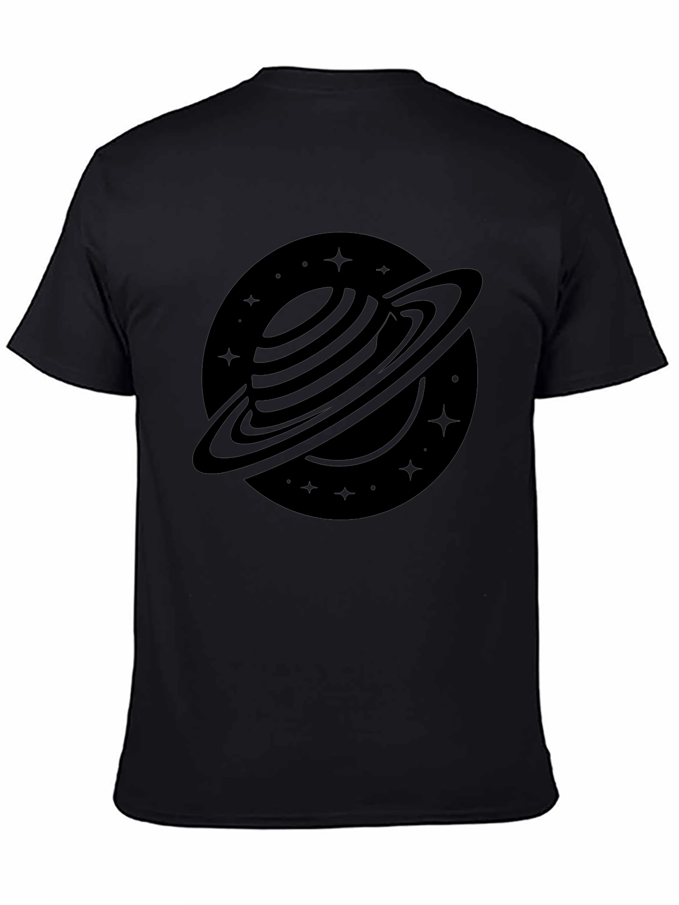 Stylish Black Saturn Graphic Tee - Outer Space Design