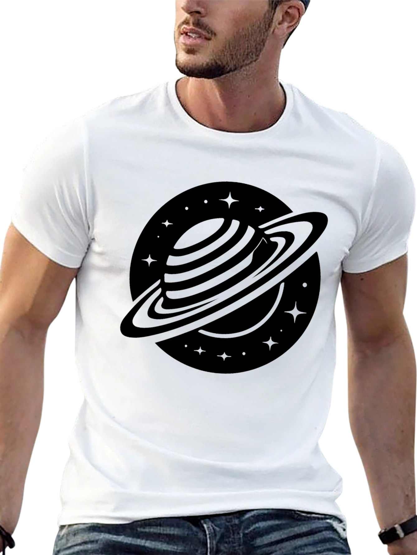Stylish Black Saturn Graphic Tee - Outer Space Design