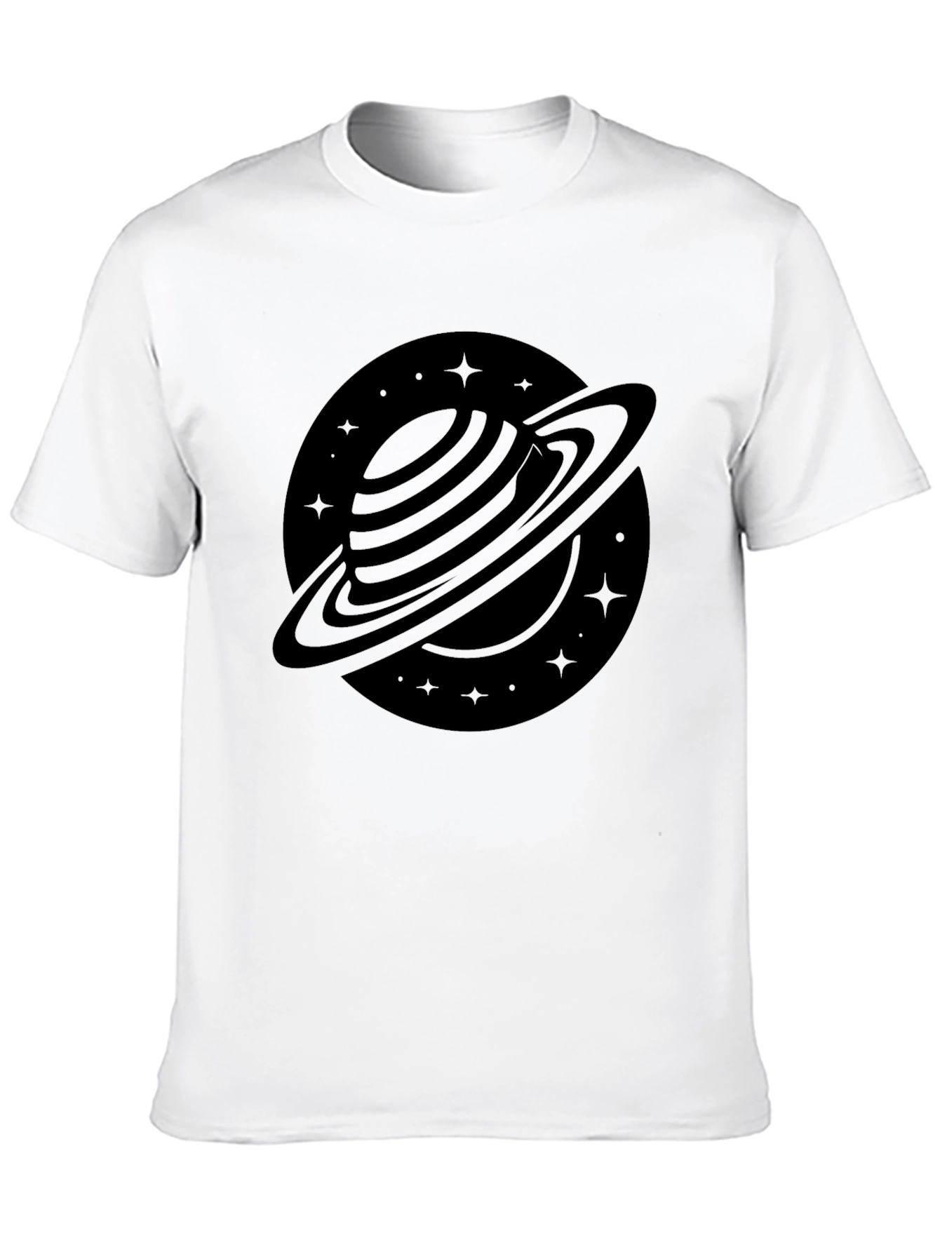 Stylish Black Saturn Graphic Tee - Outer Space Design