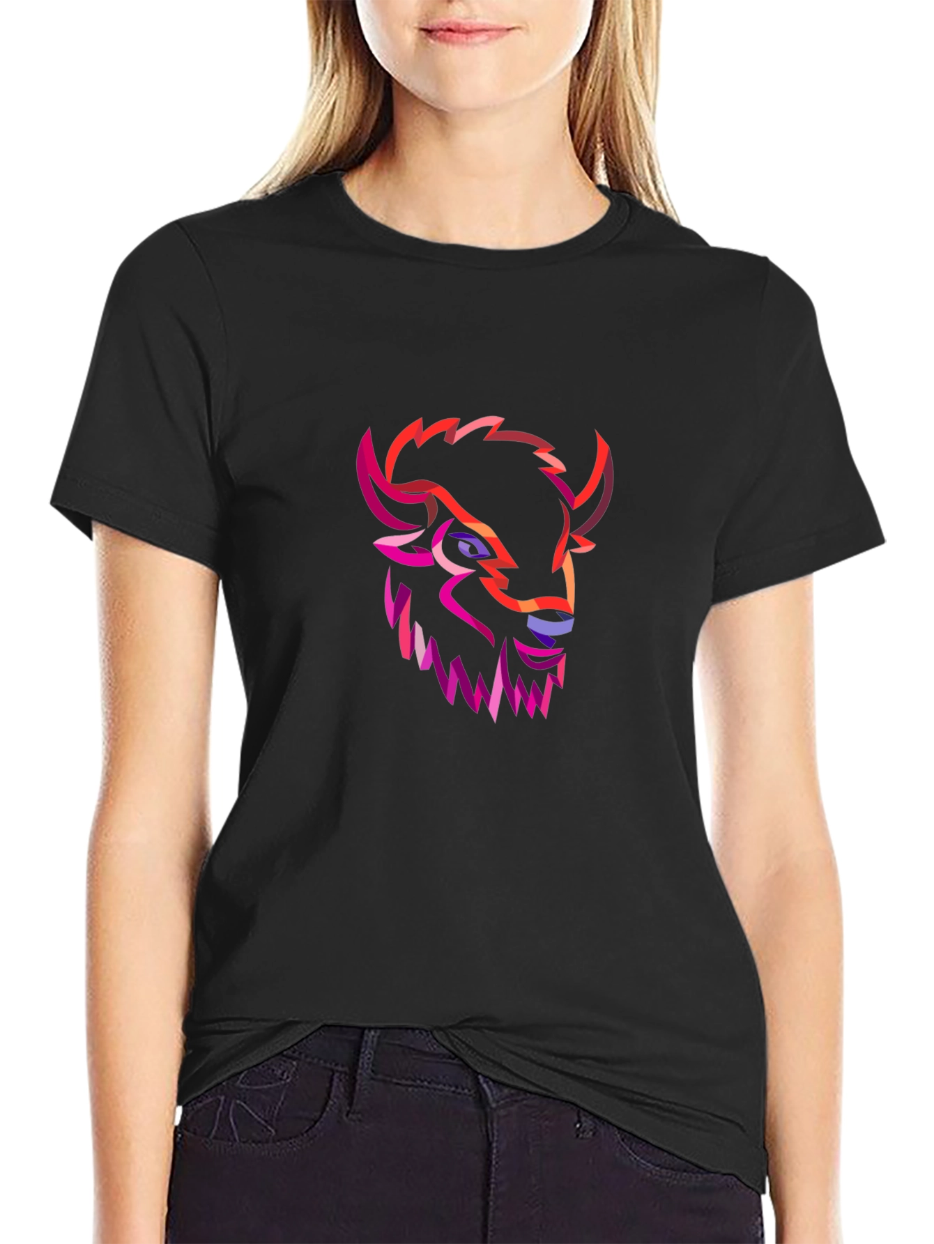 Geometric Buffalo Head Graphic Tee - Black