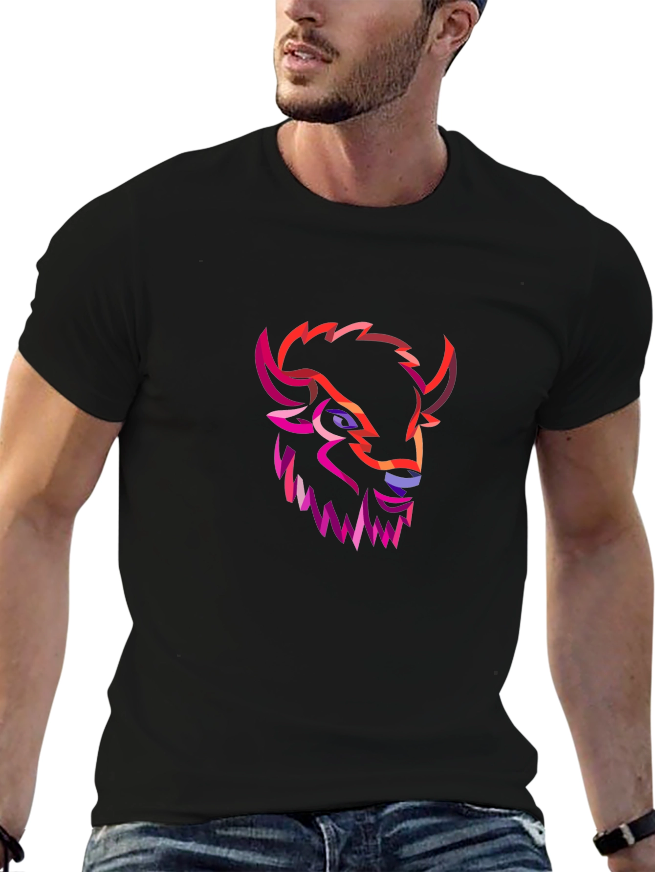 Geometric Buffalo Head Graphic Tee - Black