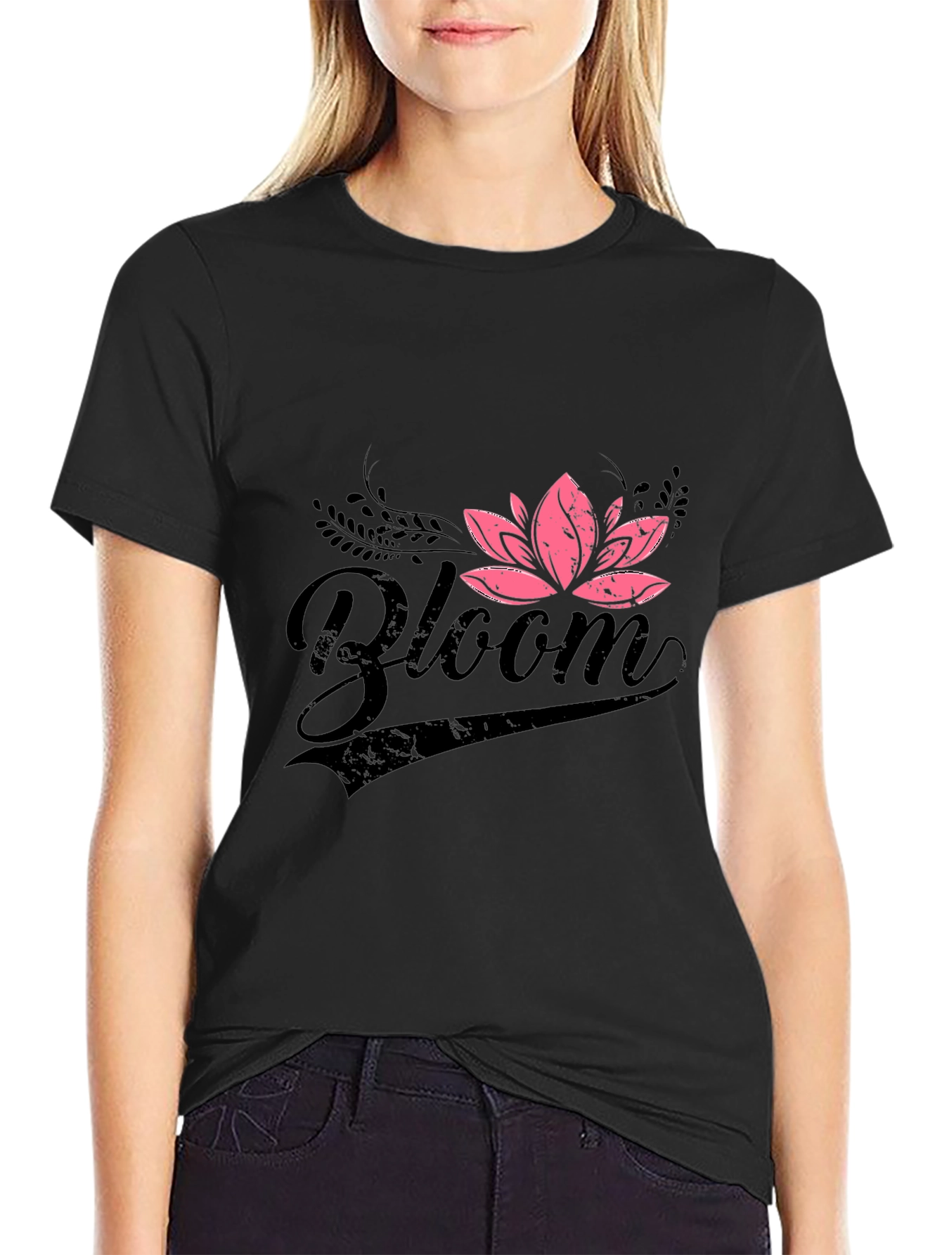 Bloom Graphic Tee - Pink Lotus Flower on Black