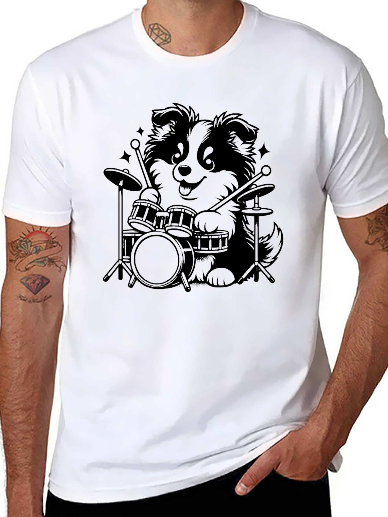 Drummer Dog Graphic T-Shirt - Black