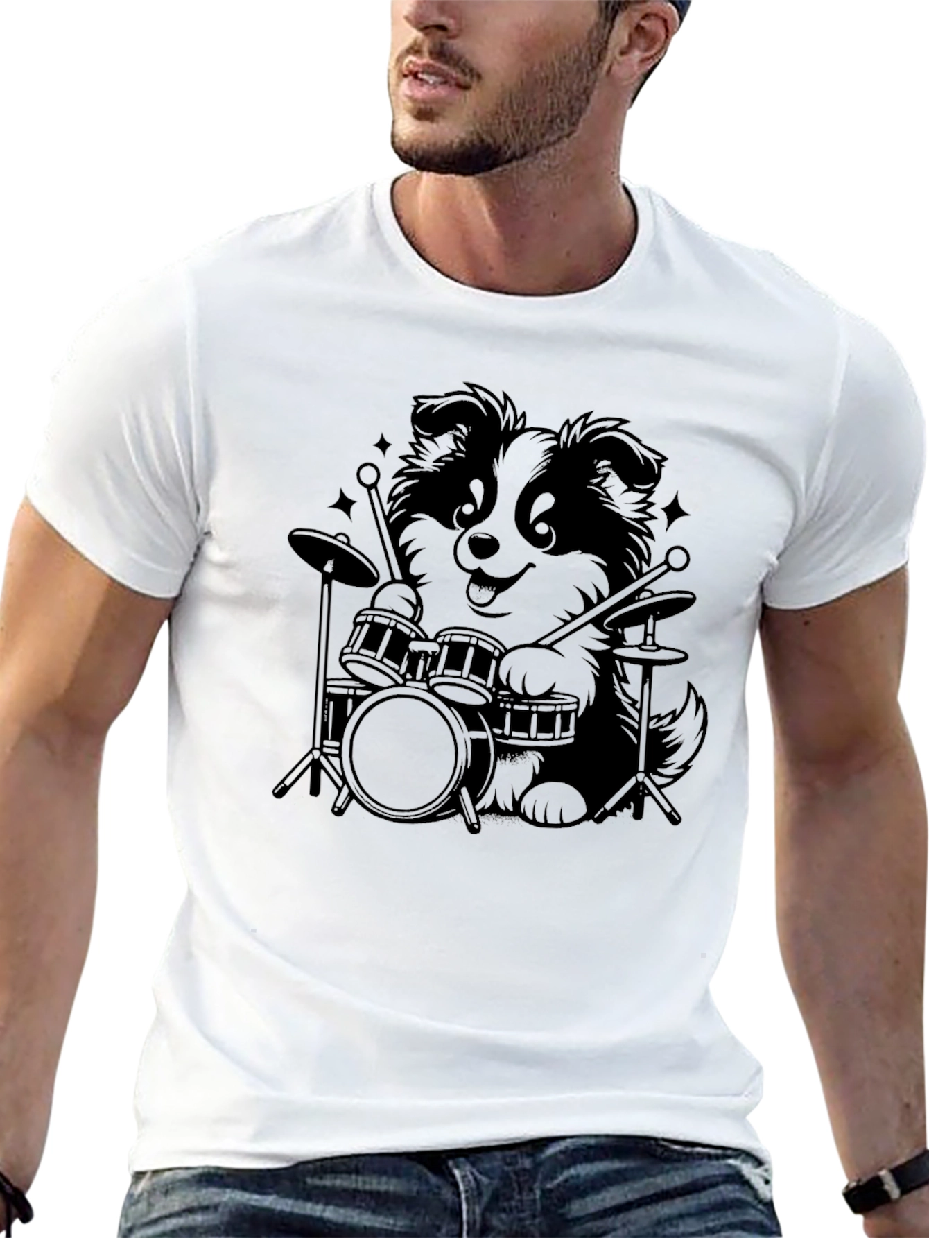 Drummer Dog Graphic T-Shirt - Black