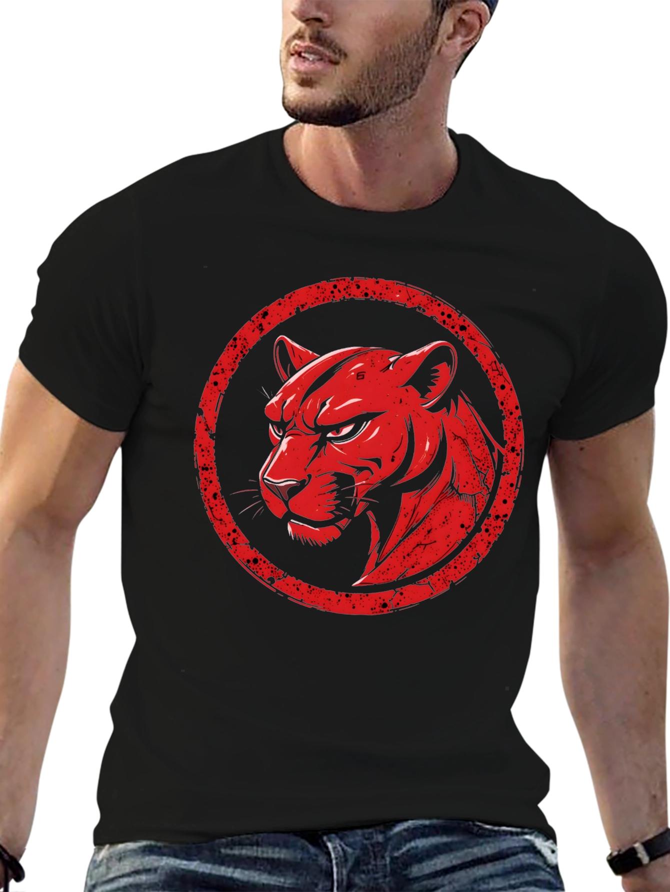 Red Panther Graphic Print Black T-Shirt