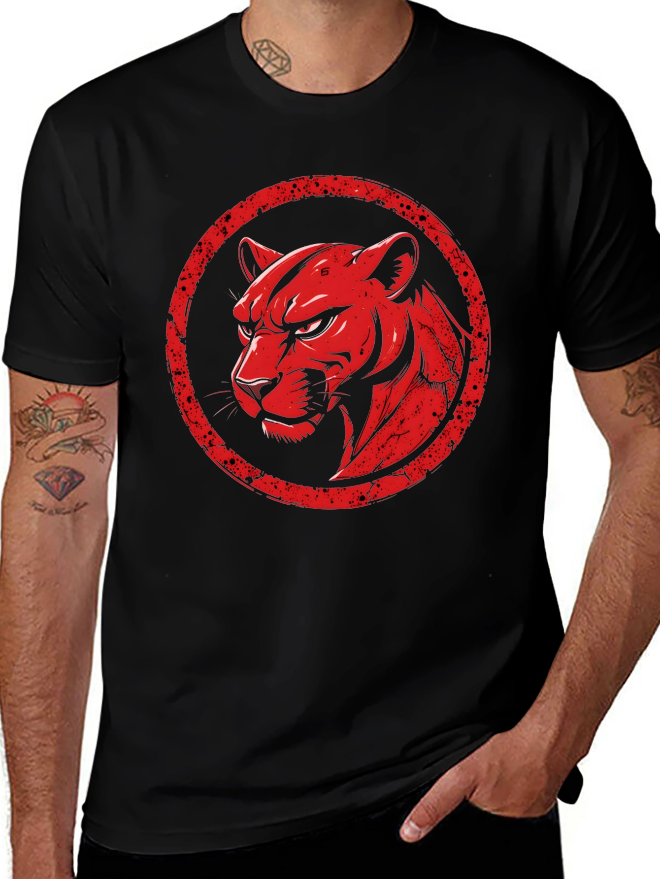Red Panther Graphic Print Black T-Shirt