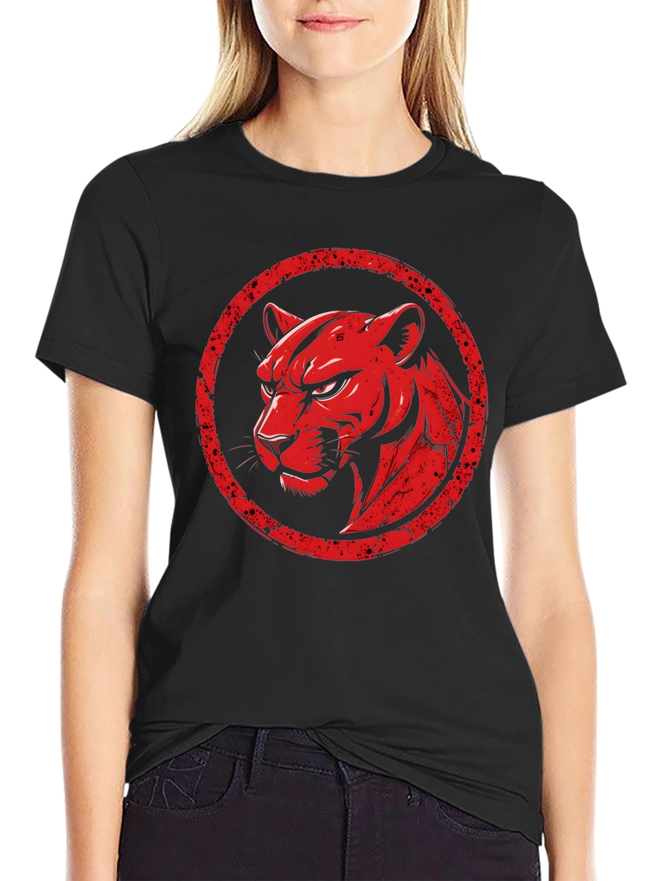 Red Panther Graphic Print Black T-Shirt