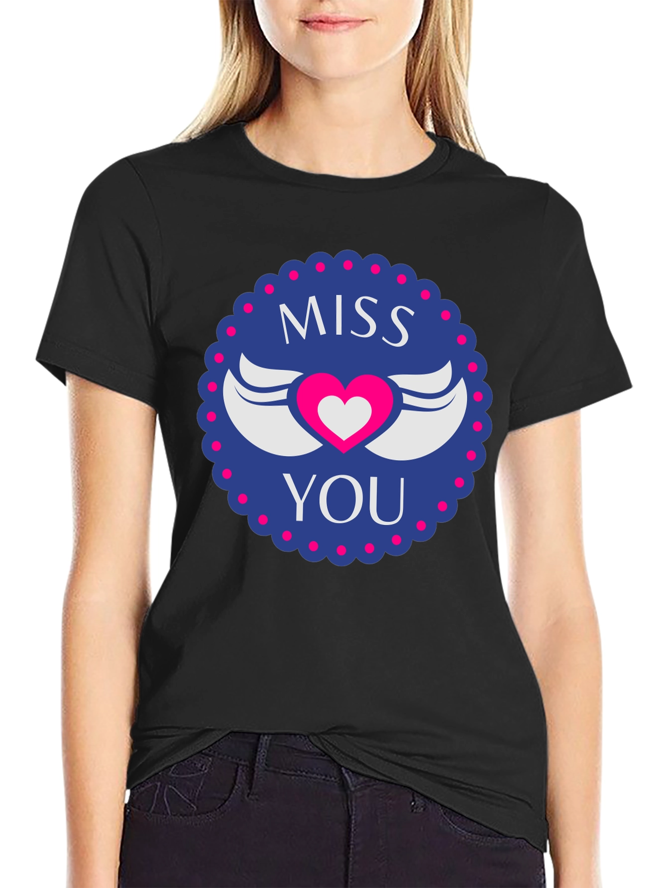Miss You Heart Wings Graphic Black T-Shirt