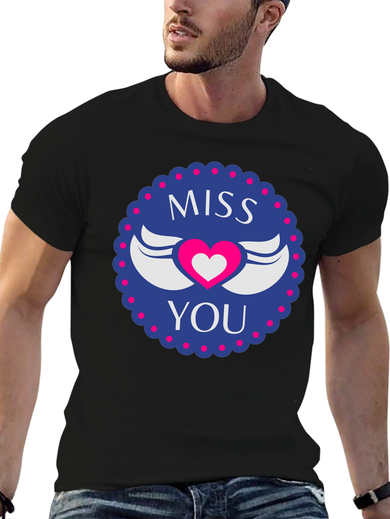 Miss You Heart Wings Graphic Black T-Shirt
