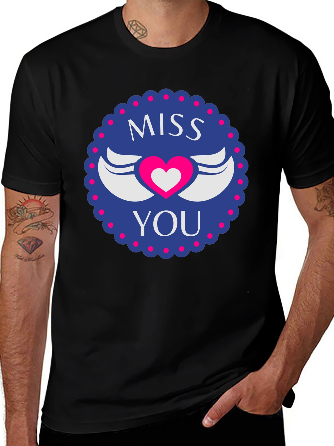 Miss You Heart Wings Graphic Black T-Shirt