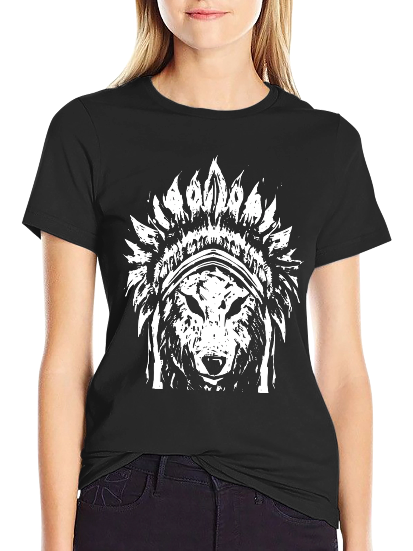 Wolf Headdress Graphic T-Shirt - Black