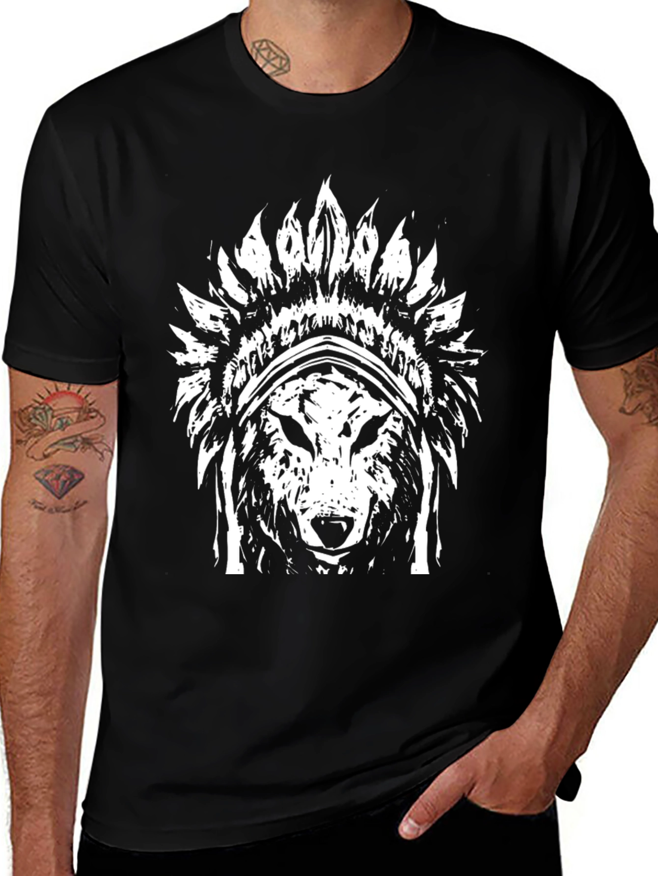 Wolf Headdress Graphic T-Shirt - Black