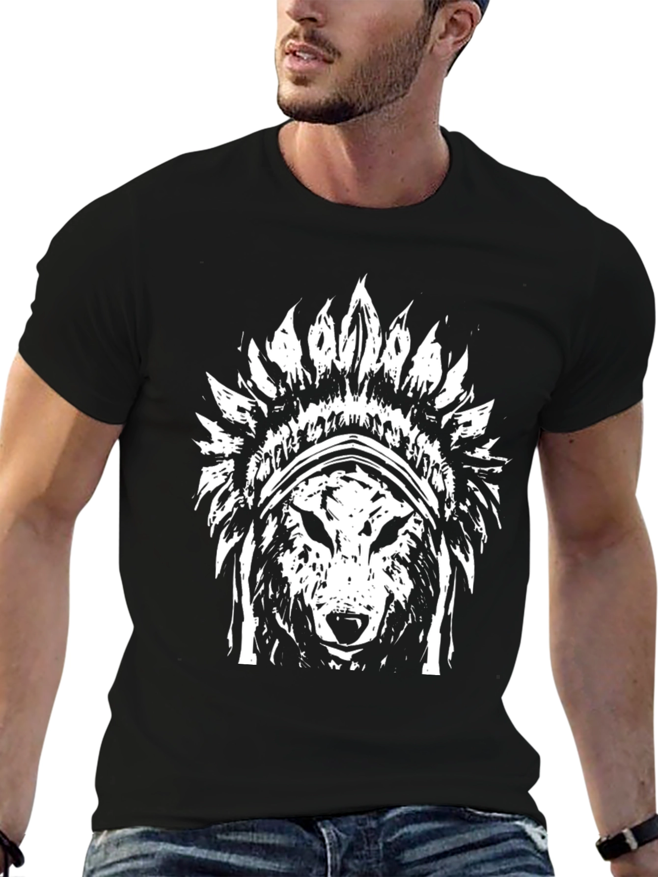 Wolf Headdress Graphic T-Shirt - Black