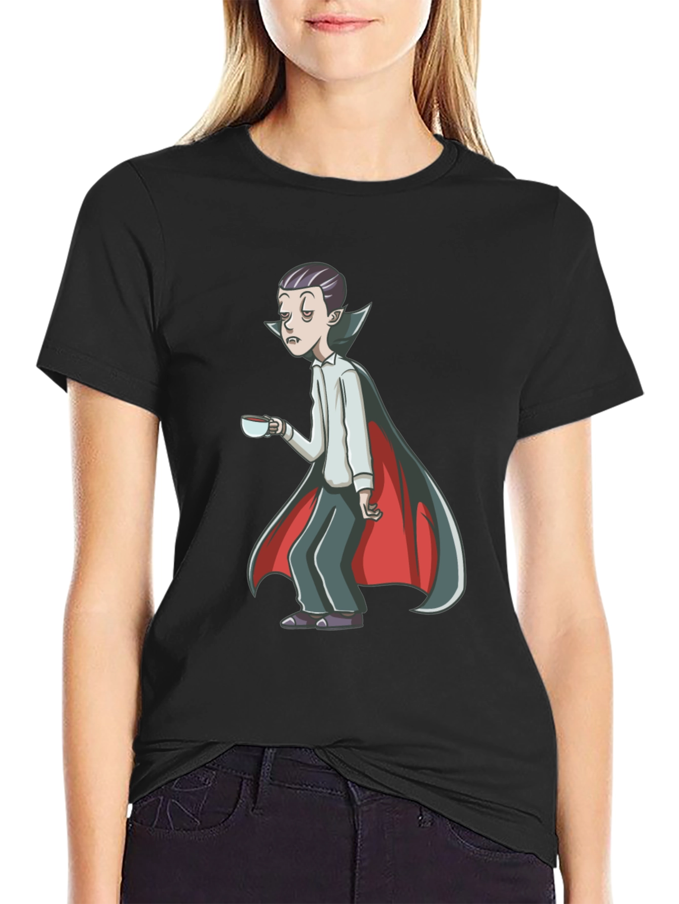 Sleepy Vampire Graphic Tee - Black Cotton Blend Shirt