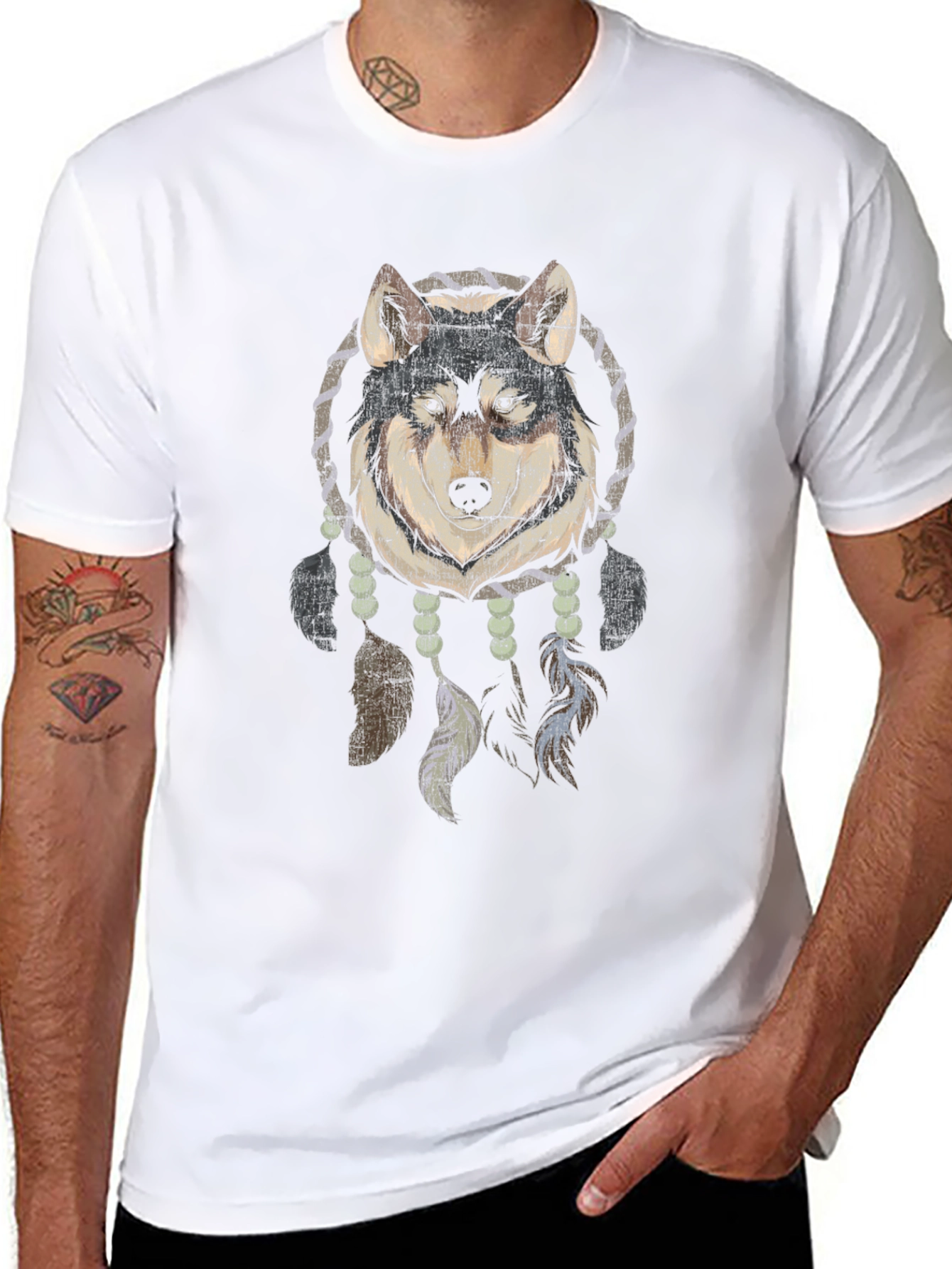 Wolf Dreamcatcher Graphic Tee - Black Cotton Blend