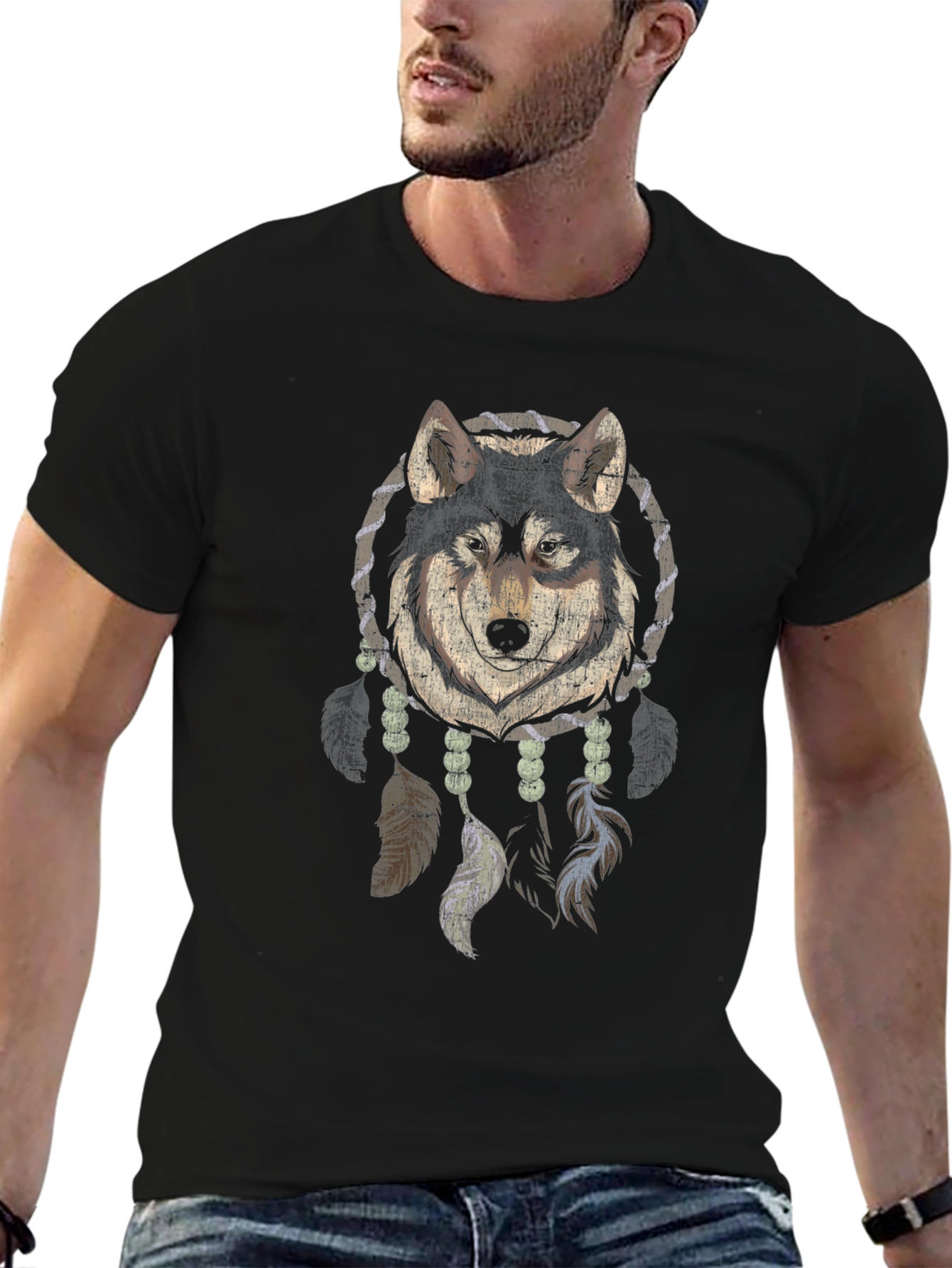 Wolf Dreamcatcher Graphic Tee - Black Cotton Blend