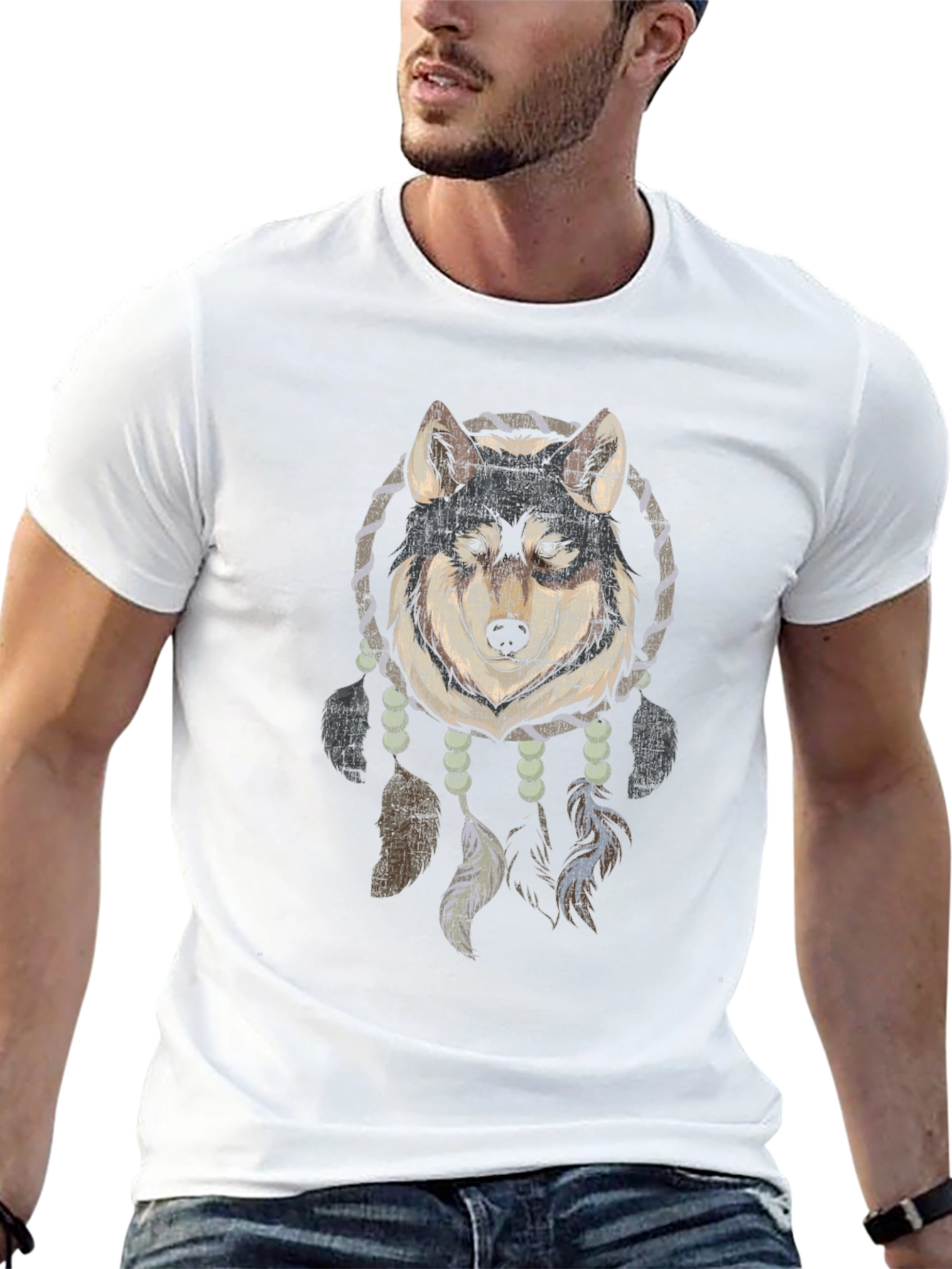 Wolf Dreamcatcher Graphic Tee - Black Cotton Blend