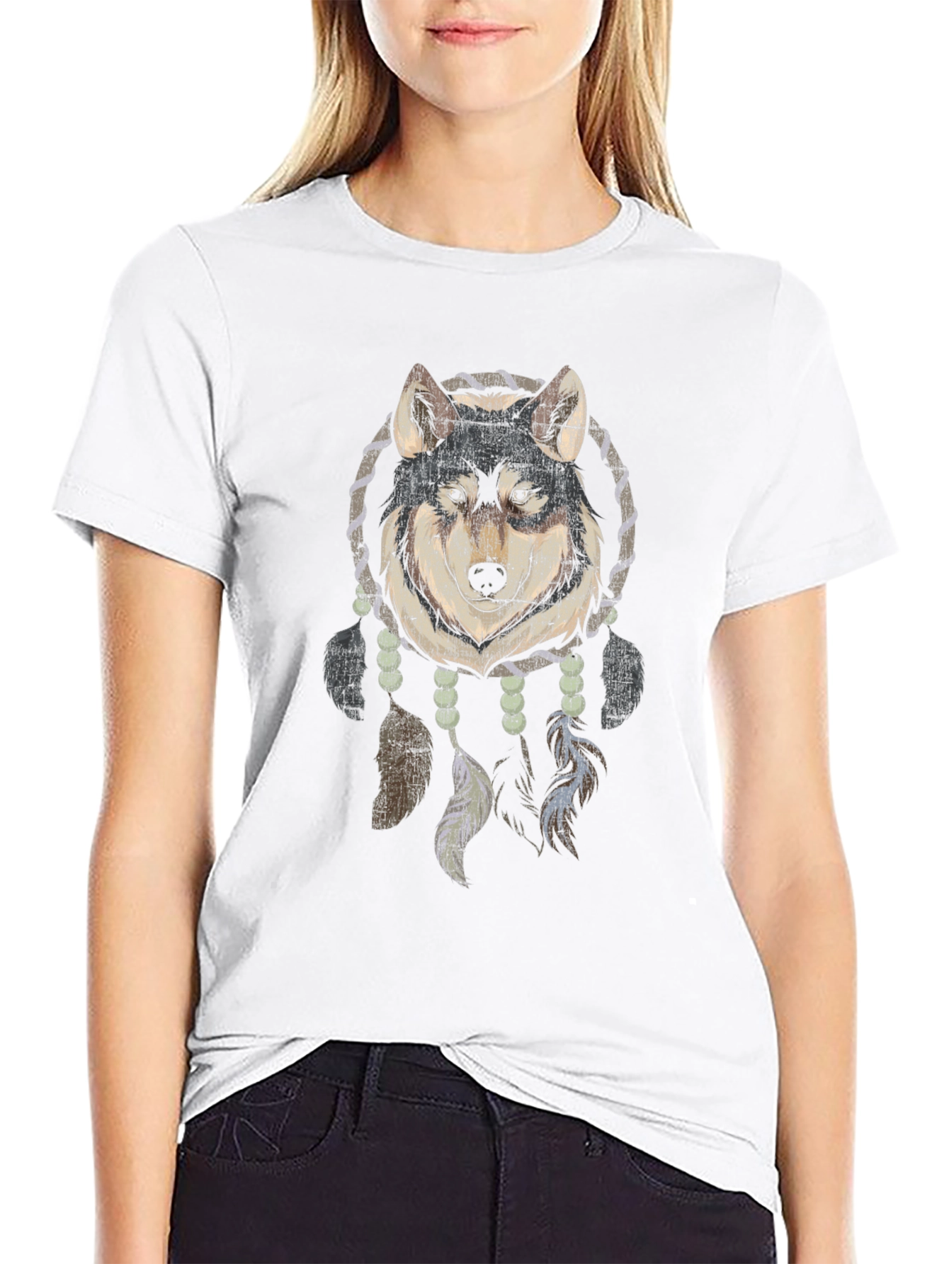 Wolf Dreamcatcher Graphic Tee - Black Cotton Blend
