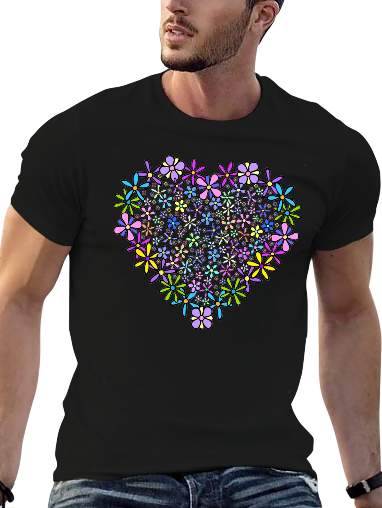 Floral Heart Graphic T-Shirt - Black Cotton Tee