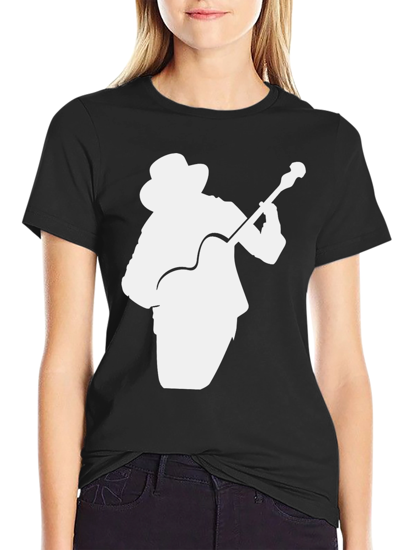 Black T-Shirt with Guitar Player Silhouette