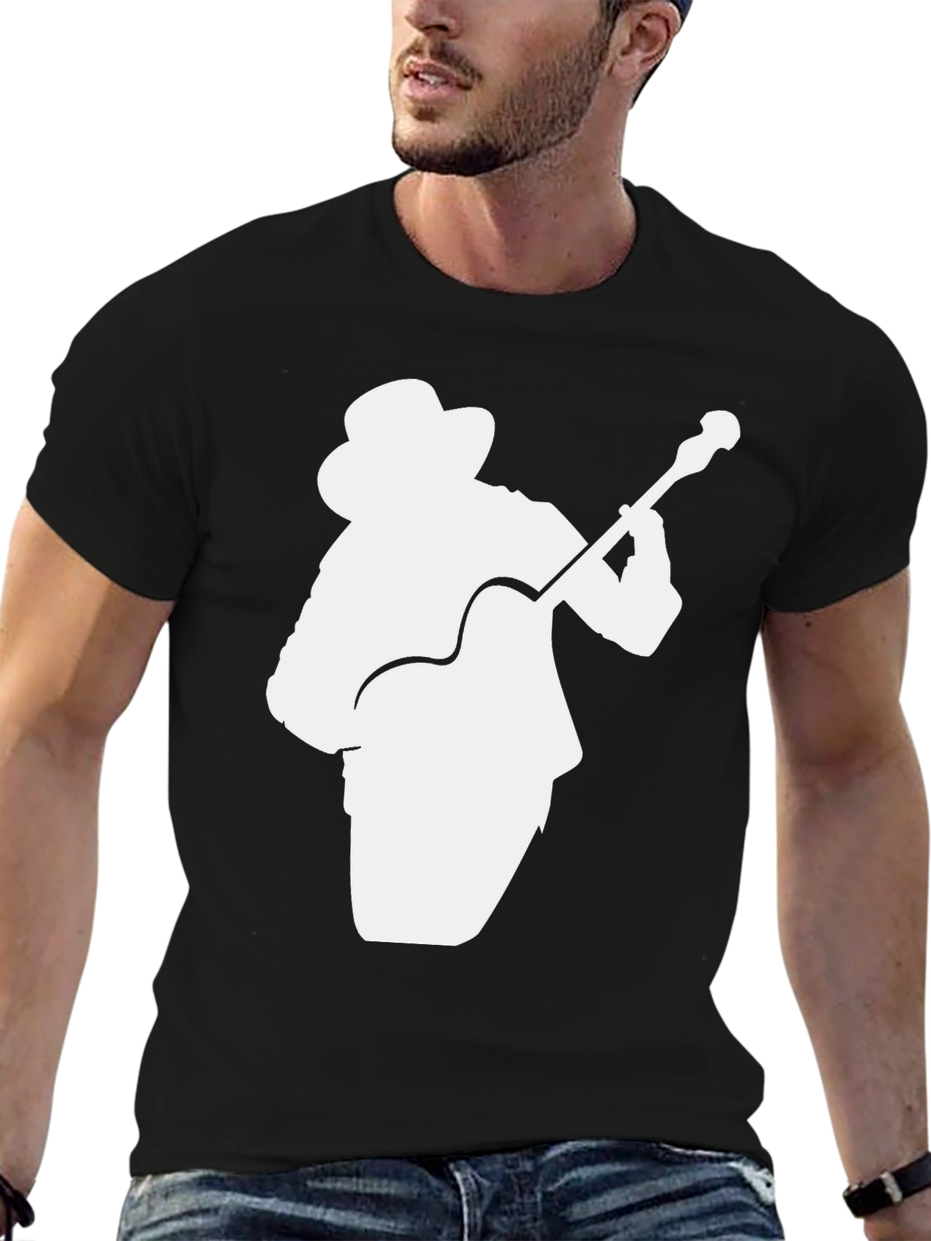 Black T-Shirt with Guitar Player Silhouette