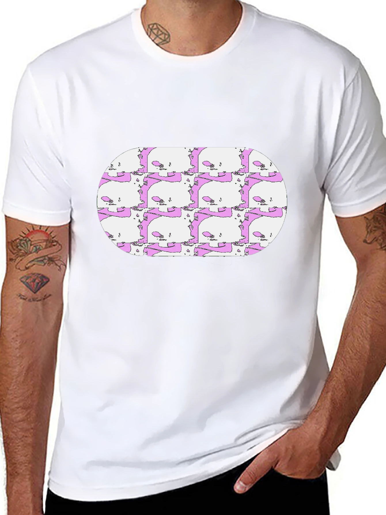 Skull Pattern Tee - Mens Black Crew Neck T-Shirt