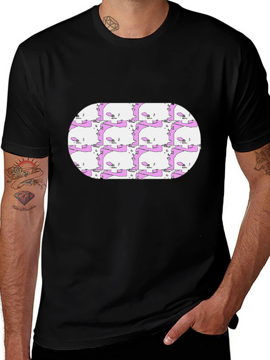 Skull Pattern Tee - Mens Black Crew Neck T-Shirt