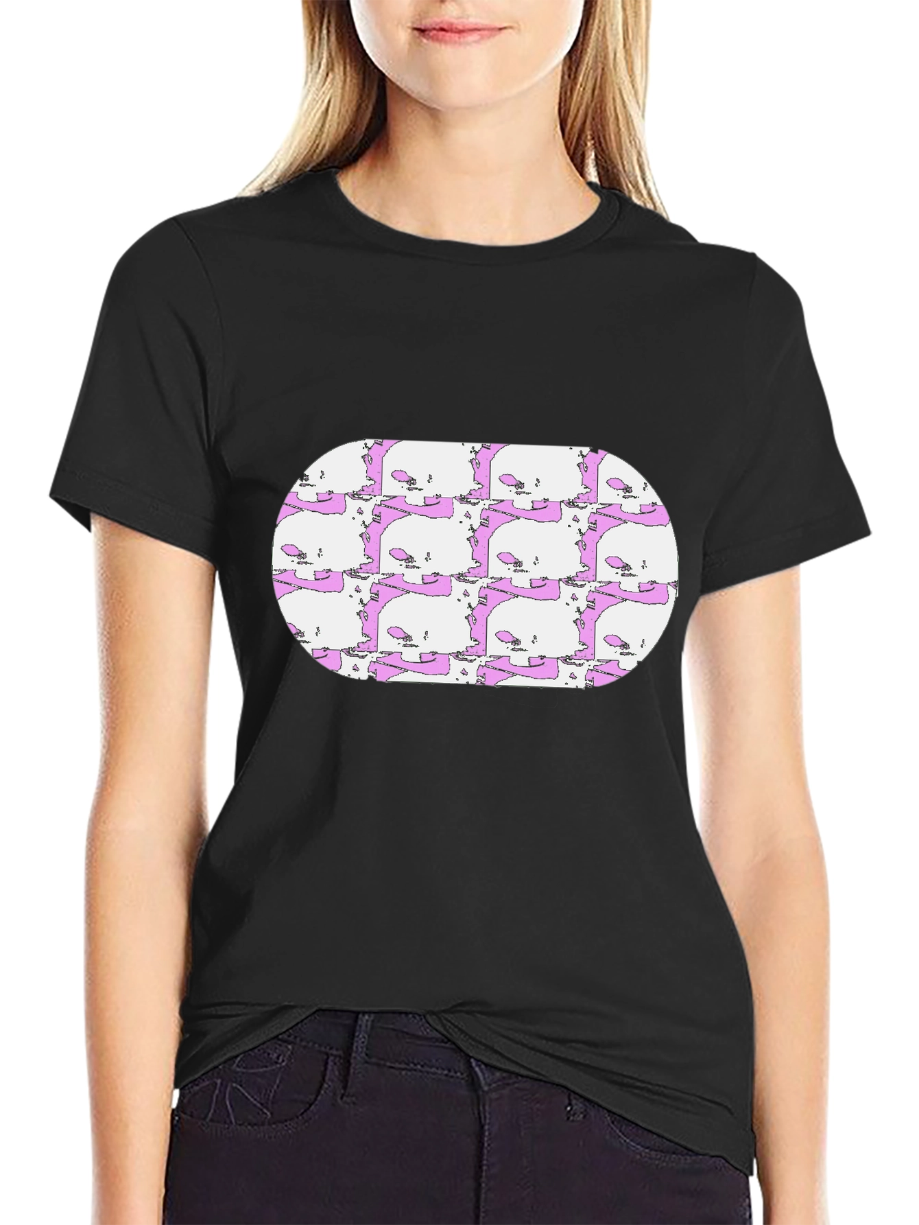 Skull Pattern Tee - Mens Black Crew Neck T-Shirt