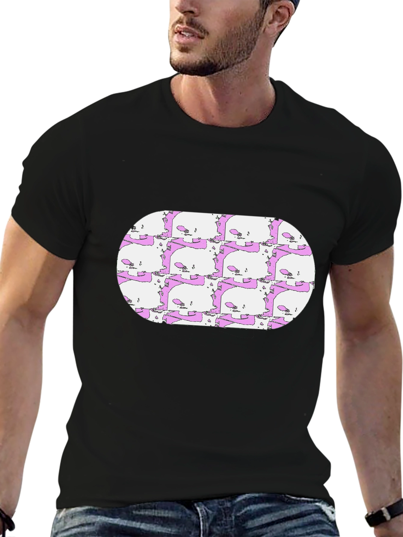 Skull Pattern Tee - Mens Black Crew Neck T-Shirt