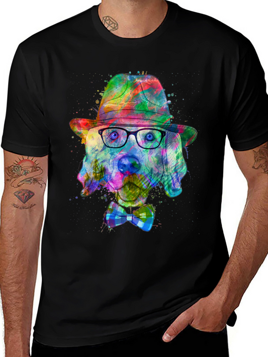 Dog Art T-Shirt - Watercolor Dog with Hat & Bowtie