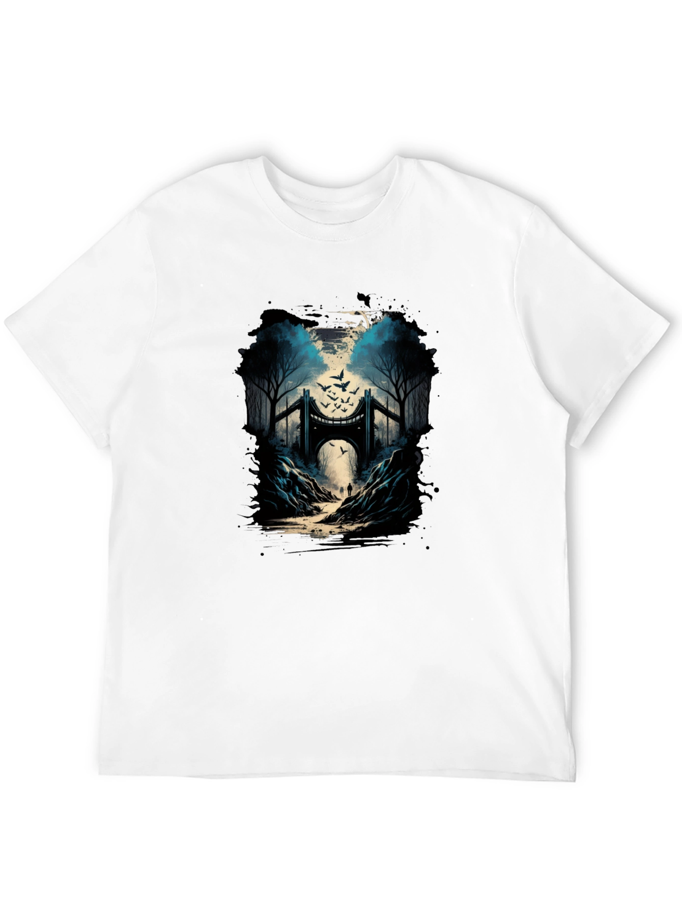 Bridge and Birds Graphic Tee - Unique Black T-Shirt