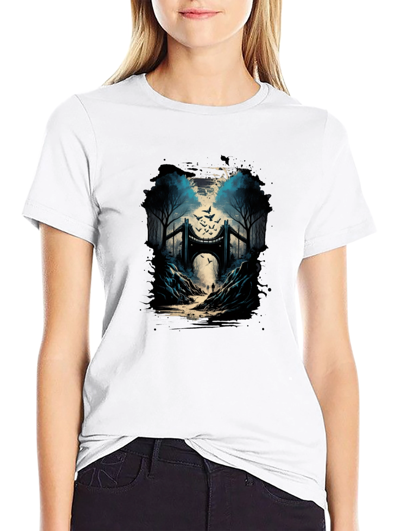 Bridge and Birds Graphic Tee - Unique Black T-Shirt