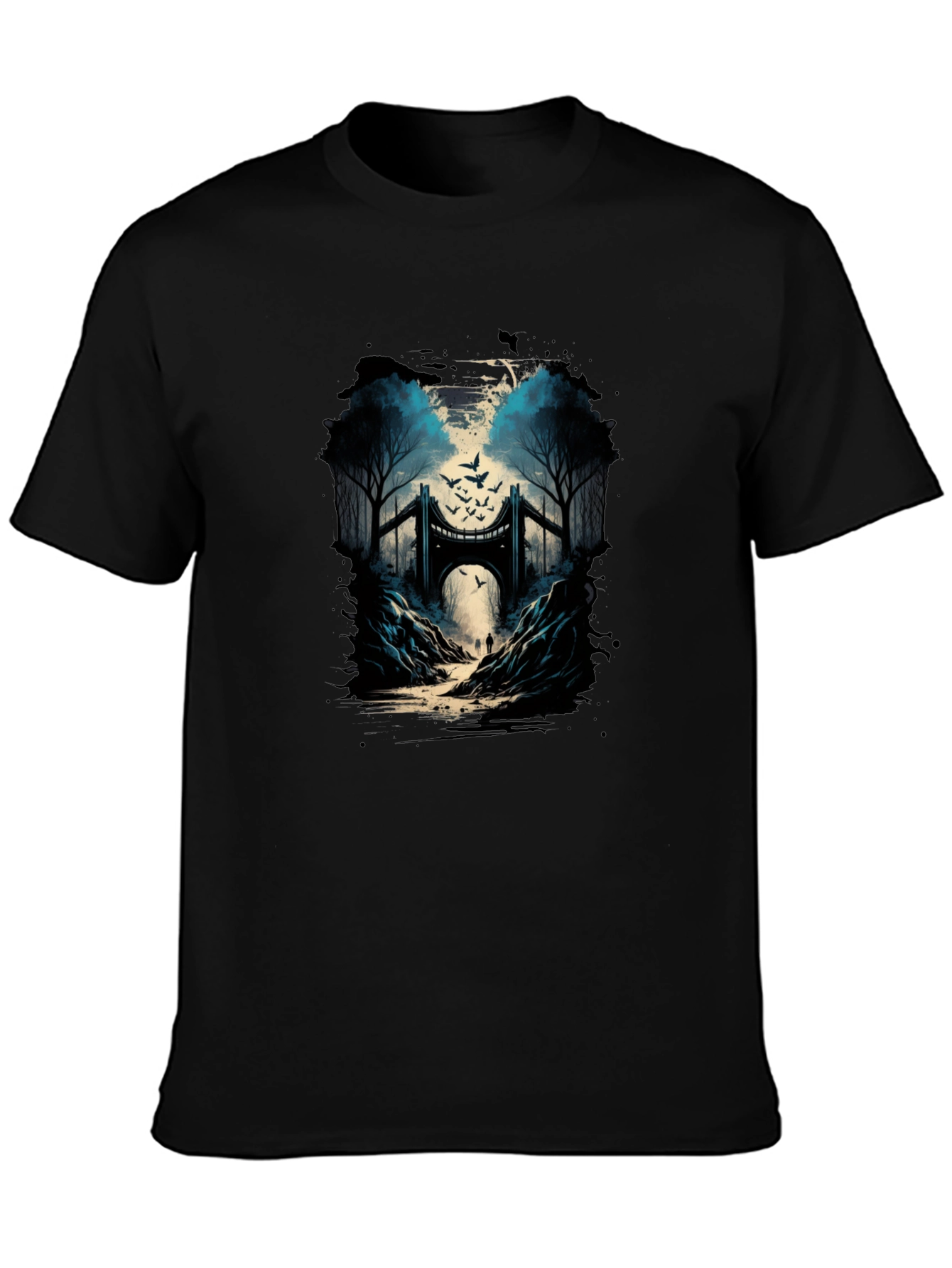 Bridge and Birds Graphic Tee - Unique Black T-Shirt